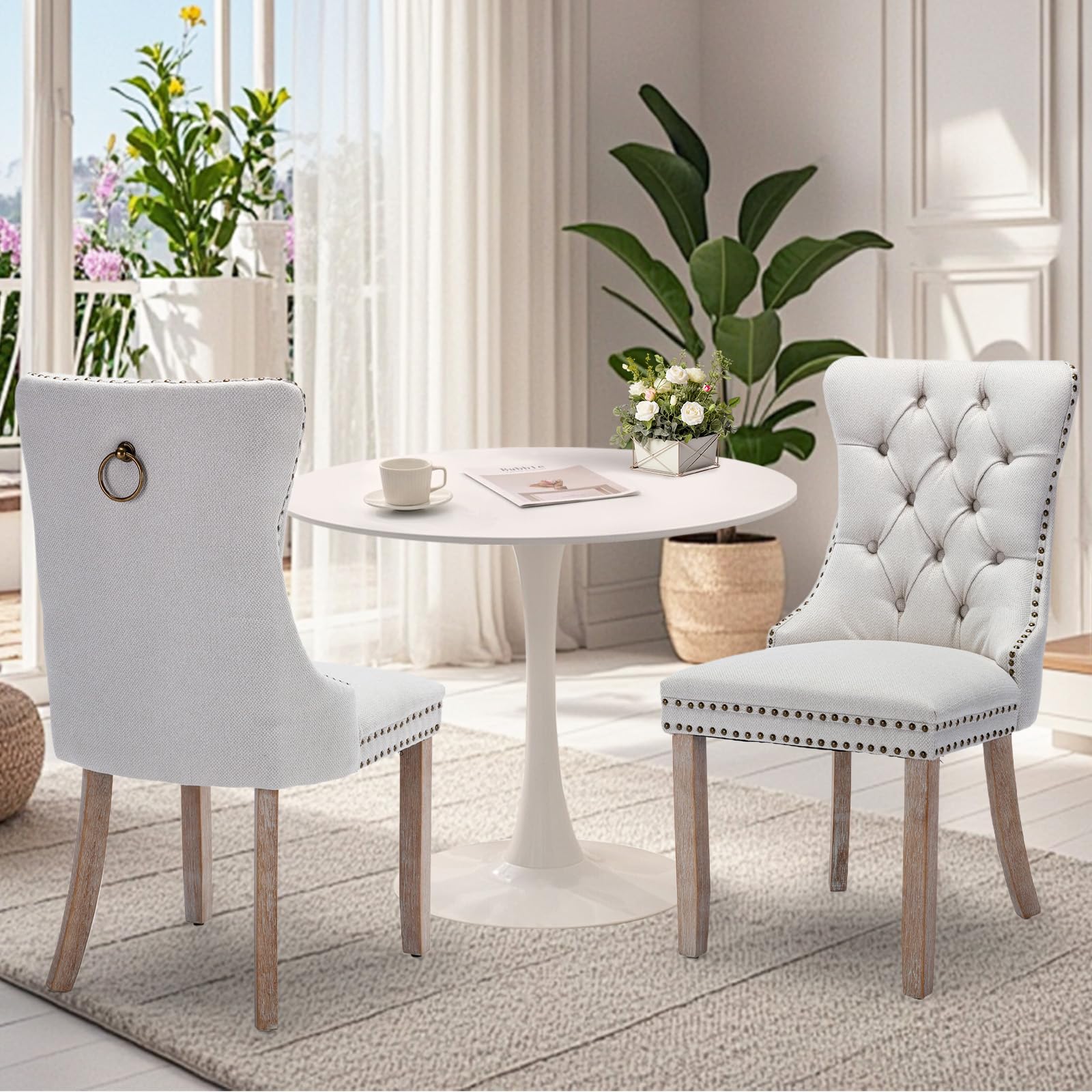 SoarTalent 3-Pieces 31.5 Round Dining Table Set for 2, White Dining Table & Linen Upholstered Dining Chairs Set of 2 for Kitchen