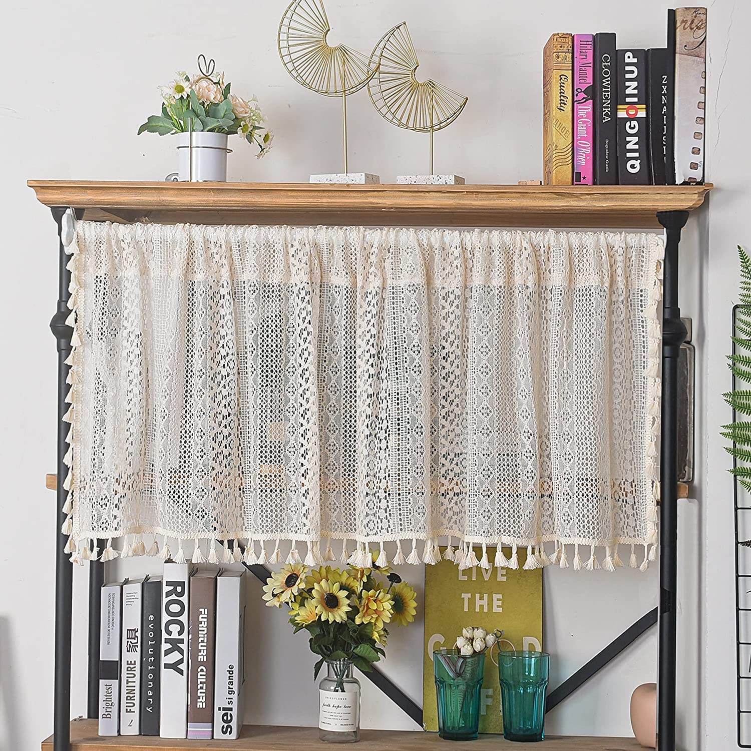 Sutuo Home Boho Sheer Curtain Valance Crochet Lace with Bohemian Hollow Knitted Handmade Tassels, Short Farmhouse Window Treatme