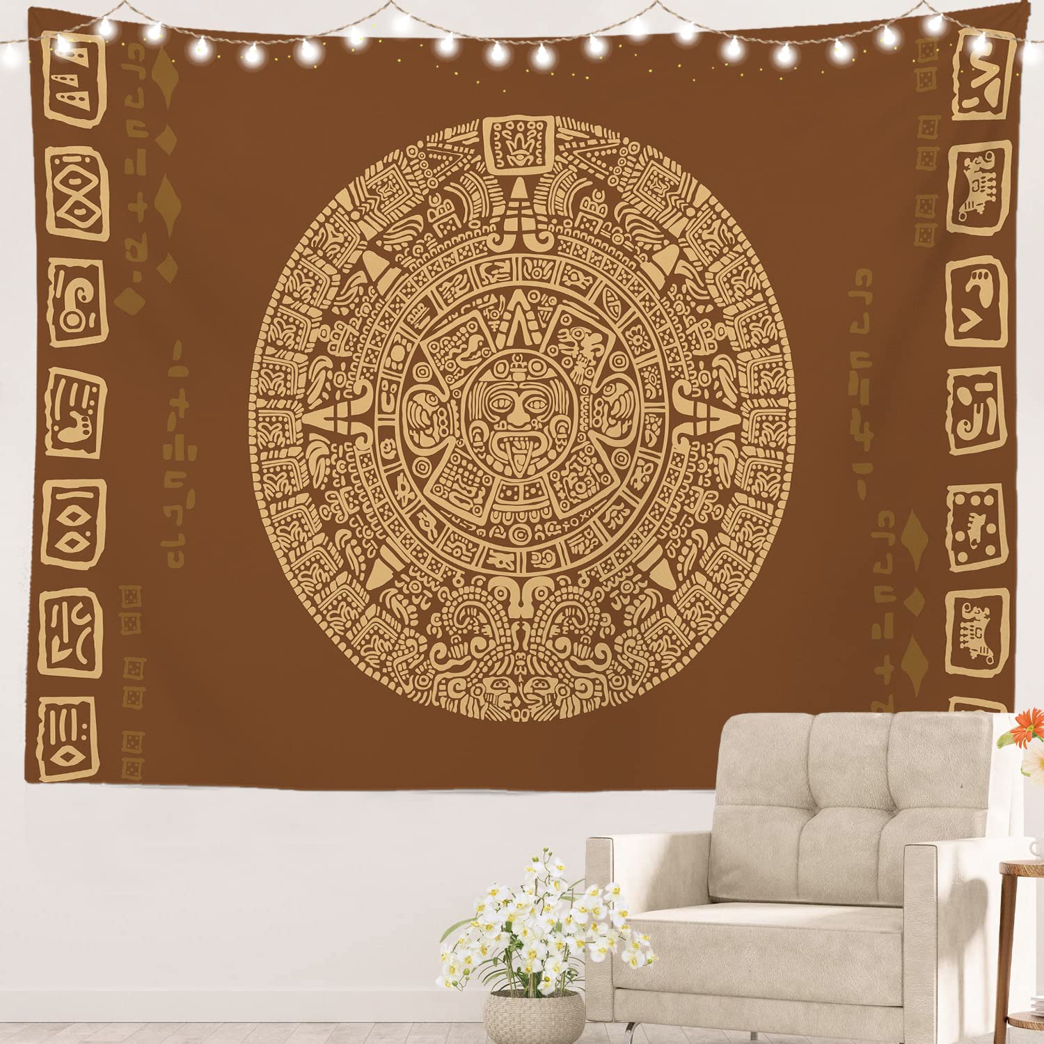 Batmerry Mayan Tapestry, Ancient Aztec Calendar Picnic Mat Beach Towel Wall Art Decoration for Bedroom Living Room Dorm, 51.2 x 