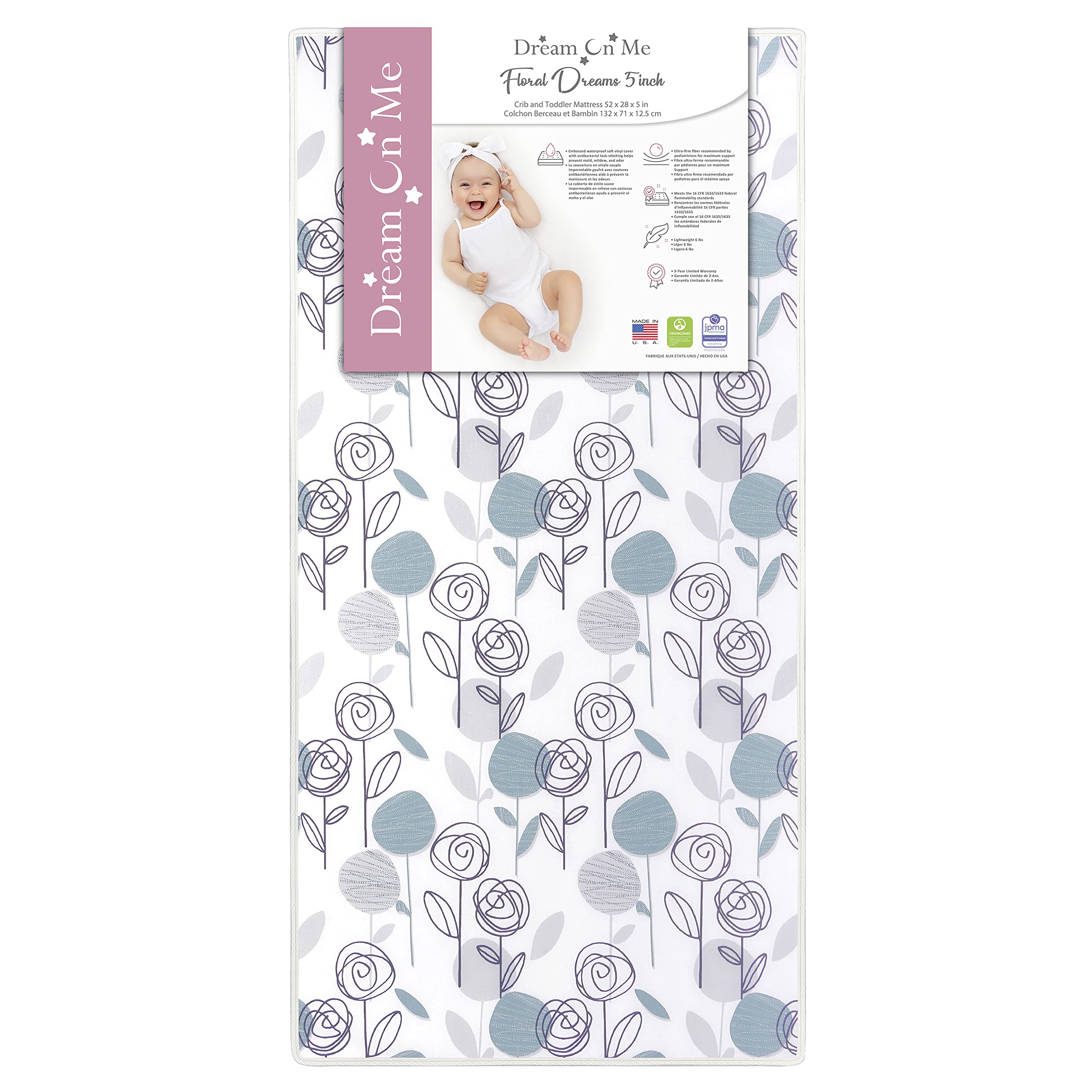 Dream On Me Floral Dreams Firm Fiber Standard Baby Crib Mattress in Teal, Greenguard Gold and JPMA Certified, Fits Crib and Todd