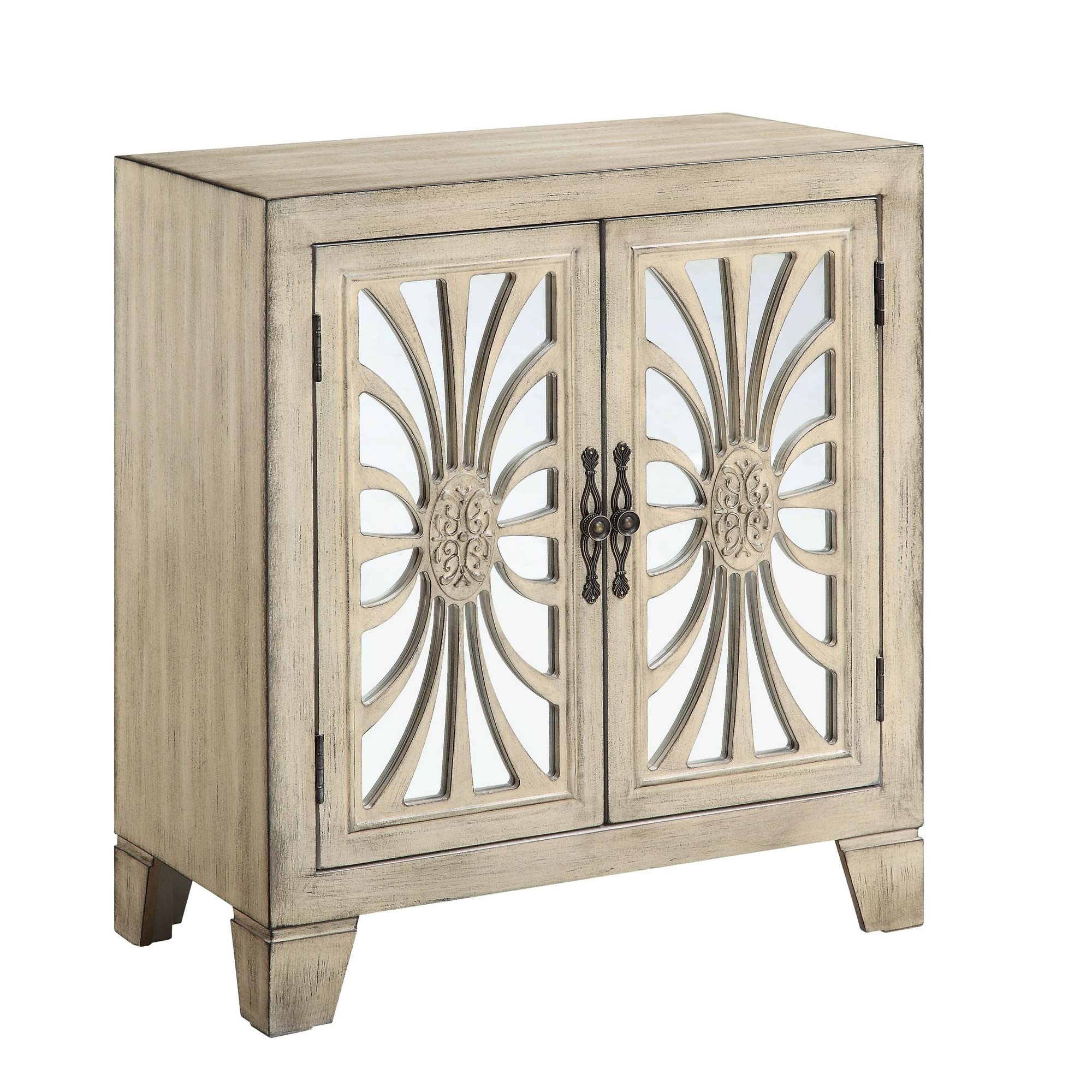 Benjara Console Table with 2 Glass Doors and Floral Motif, White
