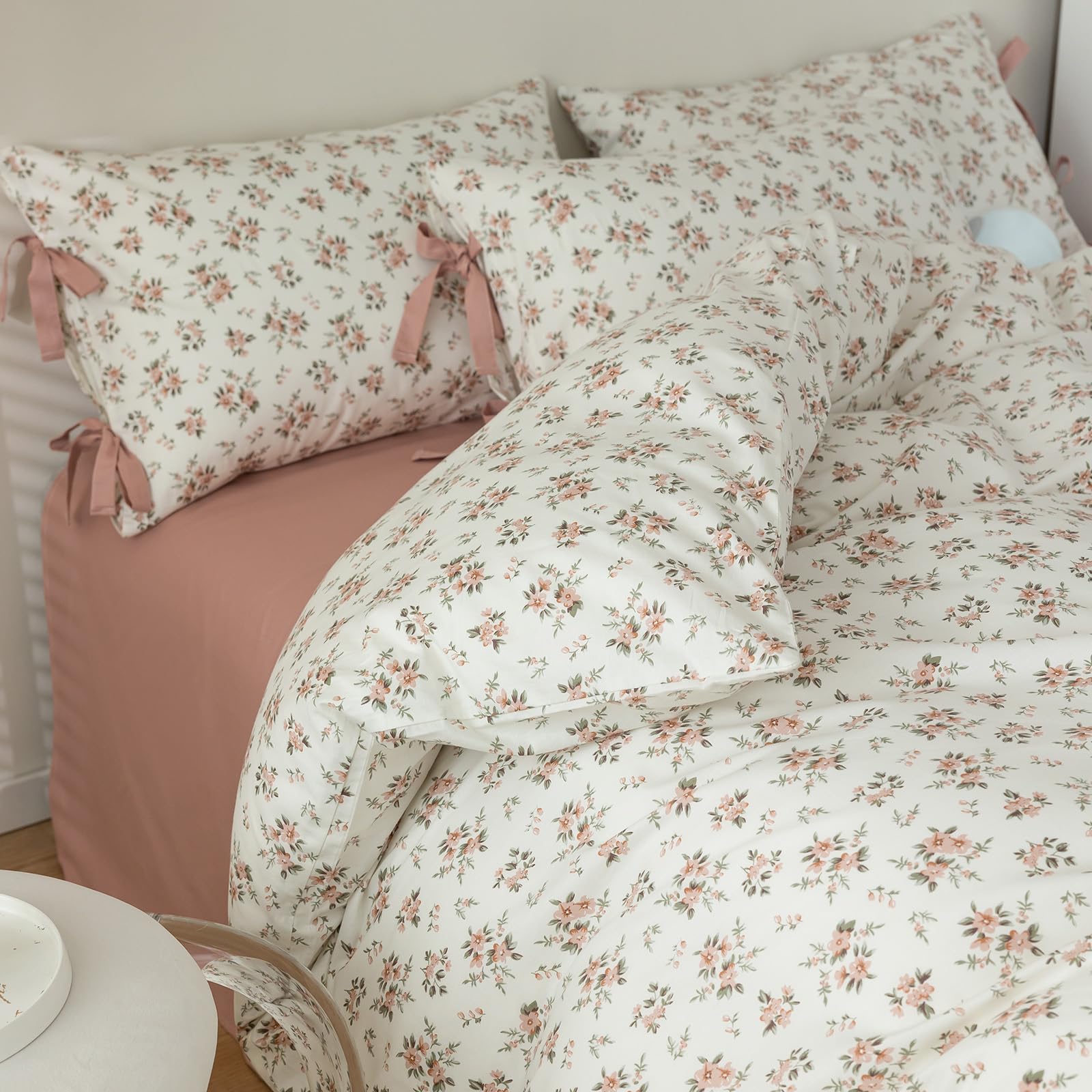 Floral Duvet Cover Twin Pink Floral 3 Piece Twin Girl Cottagecore Bedding Set with 2 Bow Tie Pillowcases,Room Decor Vintage Flow