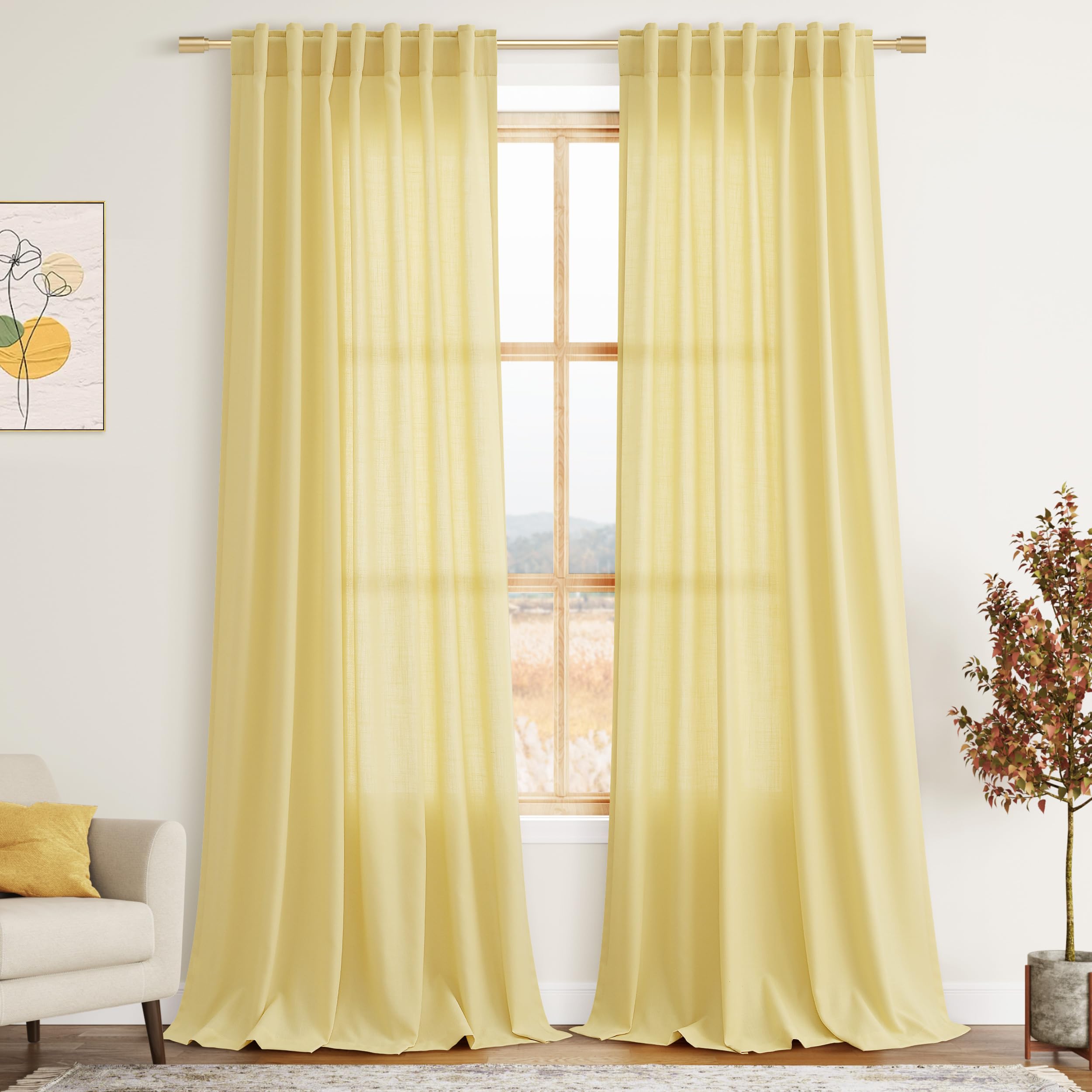 Yellow Semi Sheer Curtains 108 Inches Long 2 Panels Set Back Tab Loop Pocket Linen Blend Boho Large Window Curtain Extra Long Li