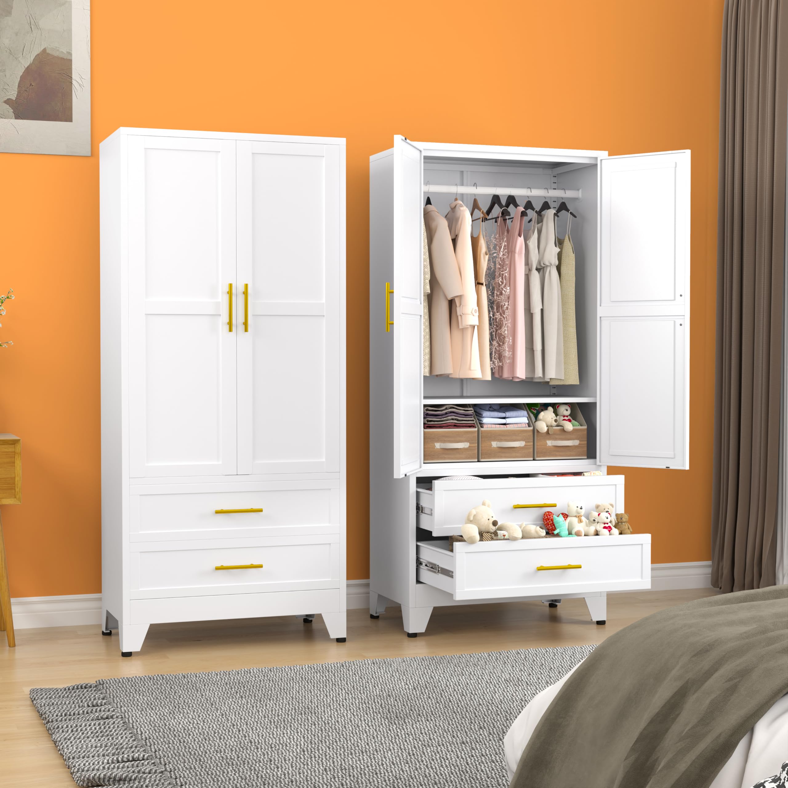 erosoei Metal Armoire Wardrobe Closet, 71  Metal Clothing Storage Cabinet with Adjustable Shelves and Hanging Rod, Household Ste