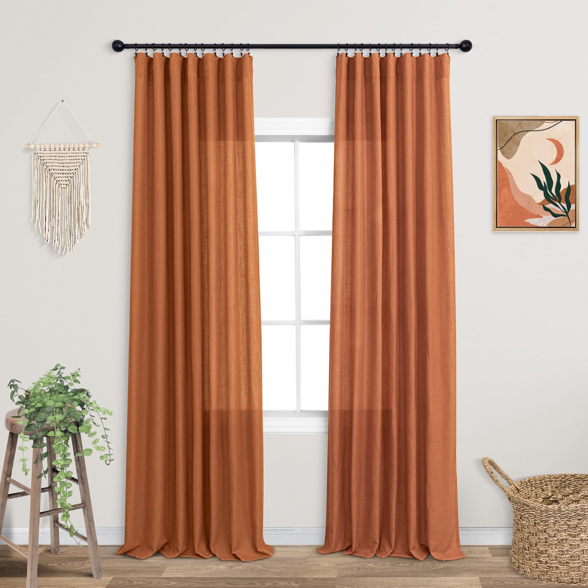 KOUFALL Fall Curtains for Living Room,Burnt Orange Curtains 96 Inches Long 2 Panel Set,Sheer Linen Boho Eclectic Curtains for Sl