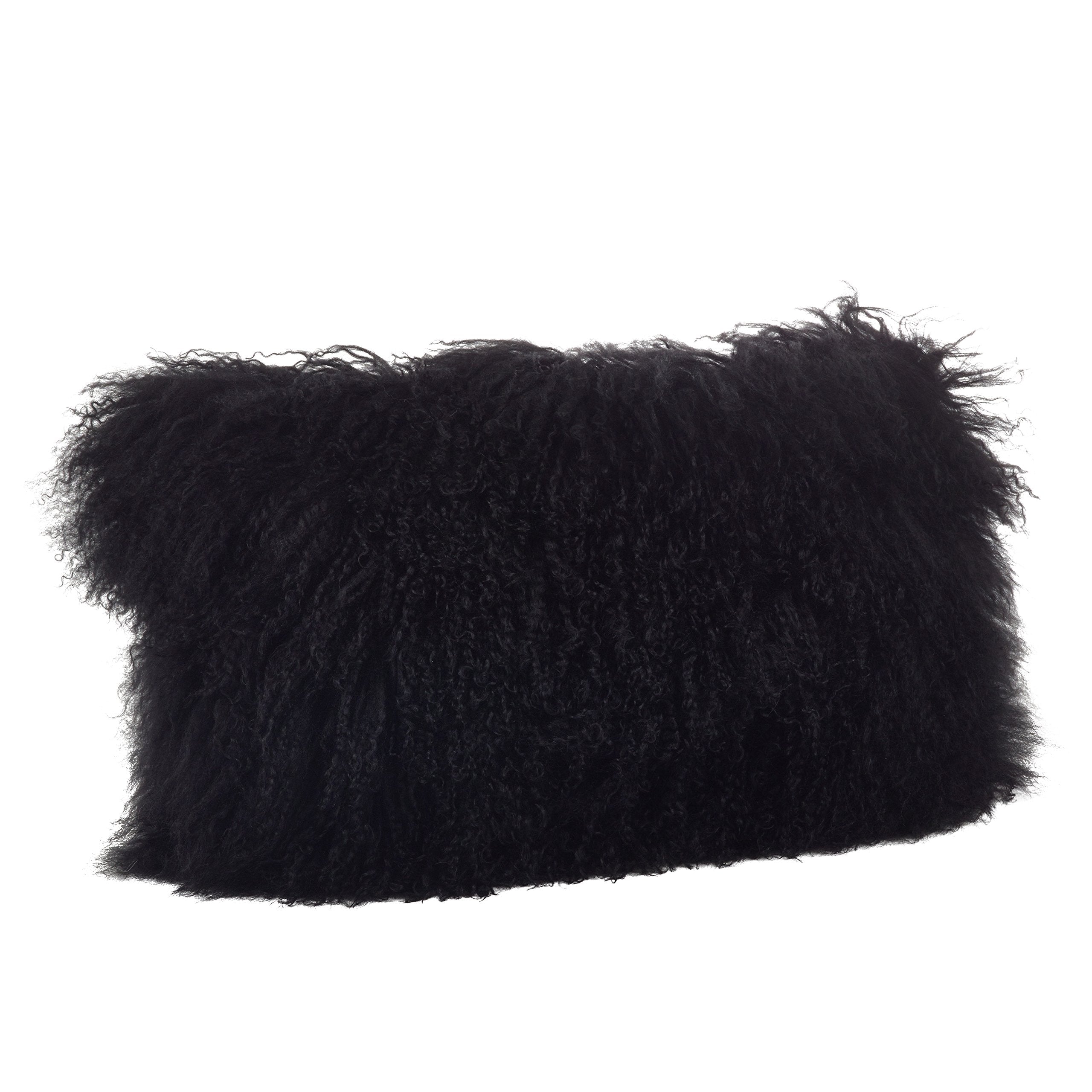 SARO LIFESTYLE 100% Wool Mongolian Lamb Fur Throw Pillow with Poly Filling, 12 x 20, Black