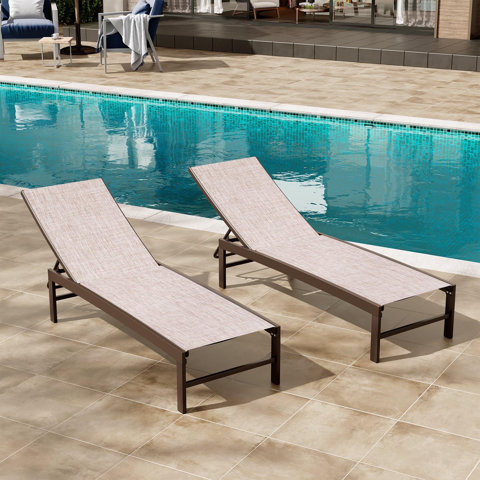 Crestlive Products Lounge Chair Outdoor Set of 2, Aluminum Pool Chaise Lounge Chairs, Adjustable Five-Position Tanning Recliner,