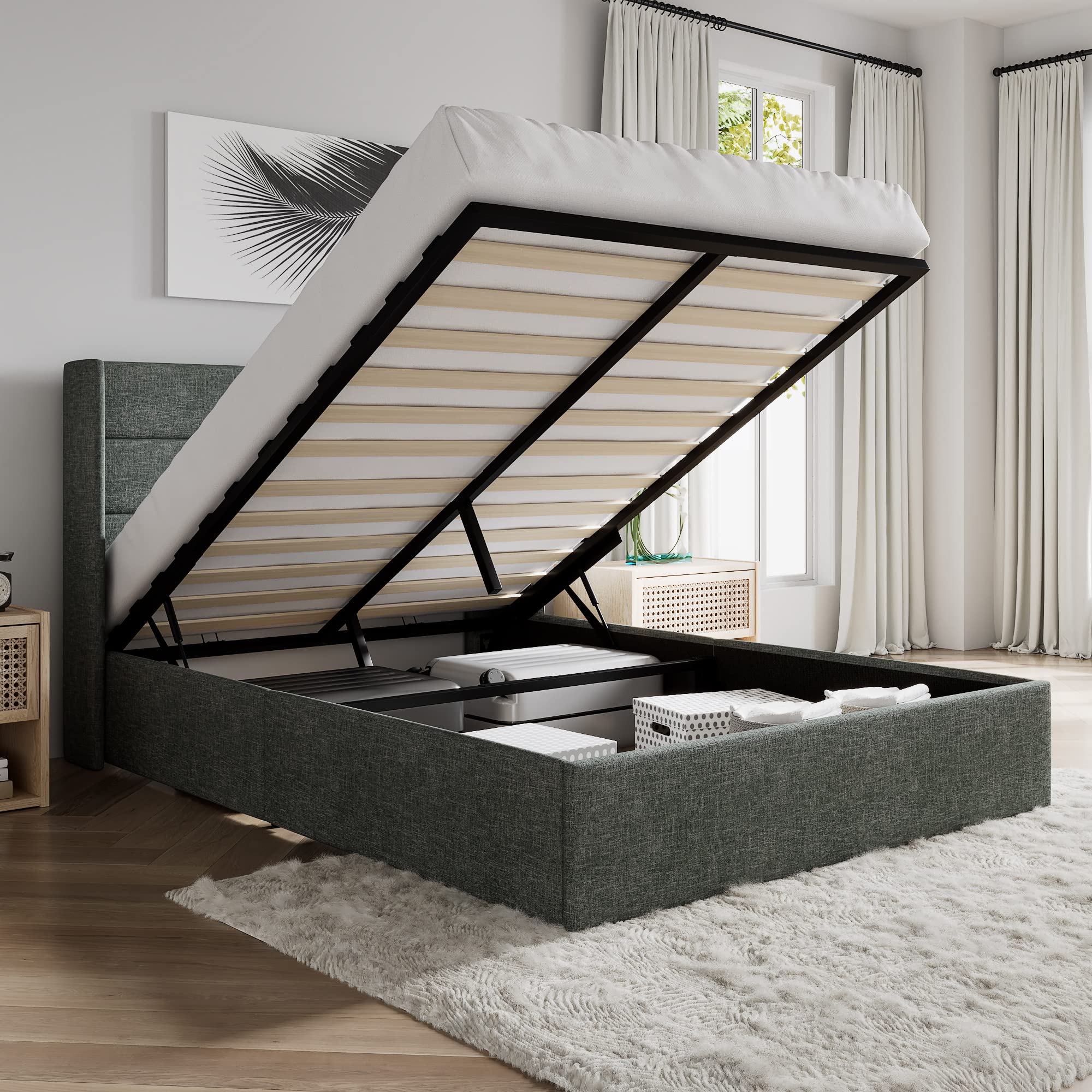SHA CERLIN Full Size Lift Up Storage Bed/Modern Wingback Headboard/Upholstered Platform Bed Frame/Hydraulic Storage/No Box Sprin