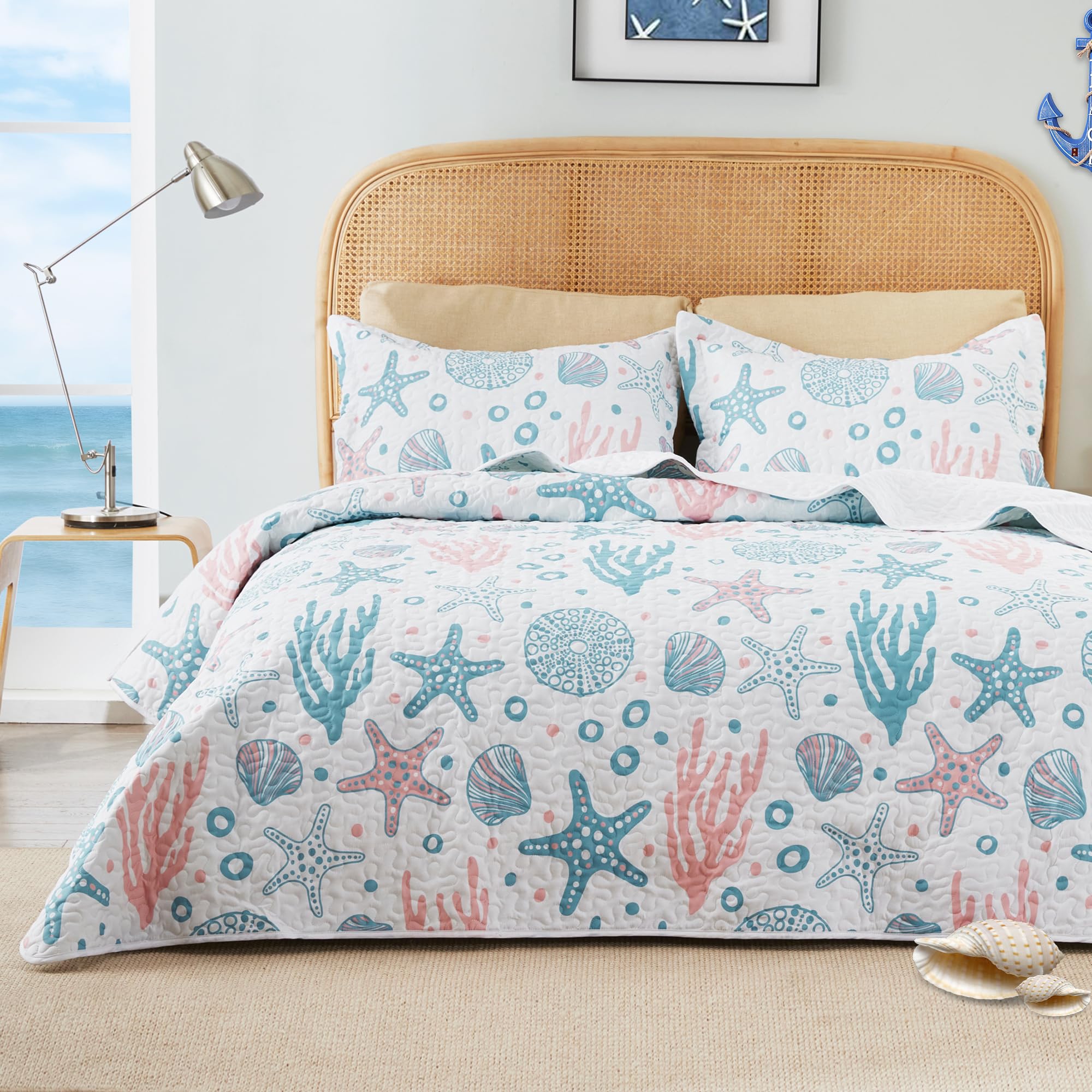 Loves cabin King Size Quilt Bedding Set Coastal Pink Bedspreads - Summer Beach Nautical Lightweight Bedspread- Reversible Beddi