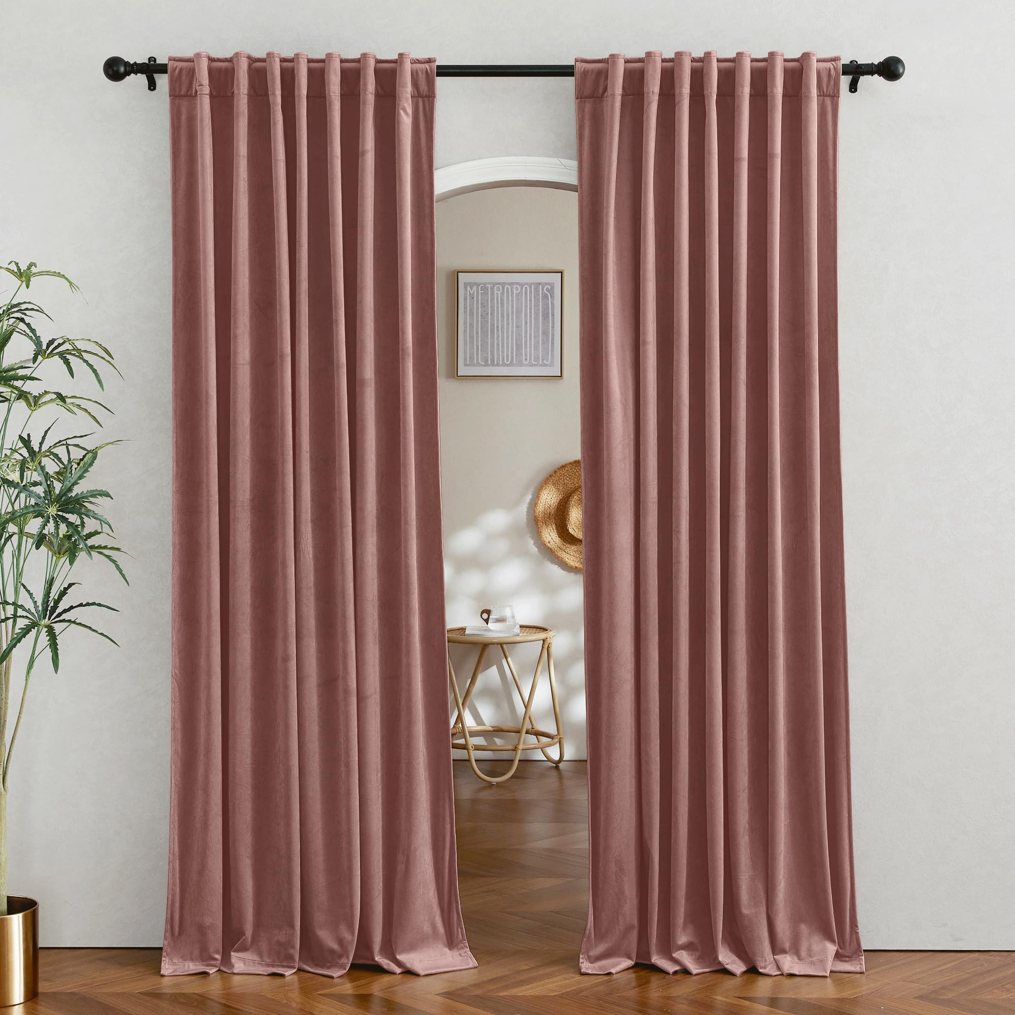 RYB HOME Wild Rose Velvet Blackout Curtains for Girl Bedroom - Room Darkening Privacy Shades as Window Treatment Thermal Curtain