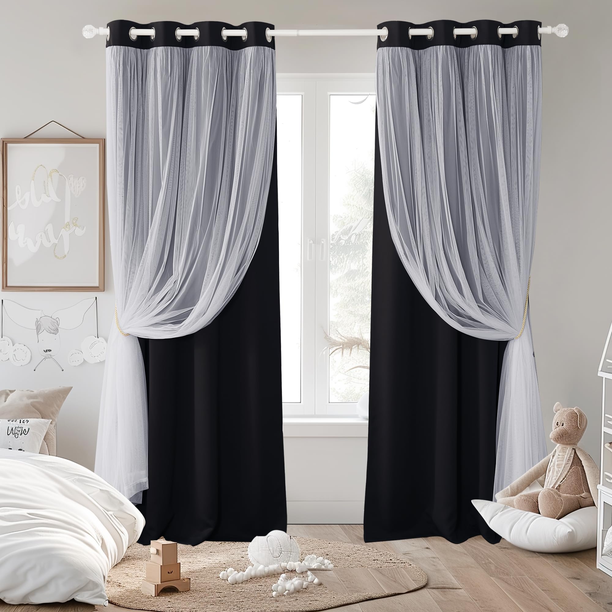 PONY DANCE Black Blackout Curtains for Living Bedroom with White Sheer Overlay Light Blocking Drapes for Kids Room Darkening wit