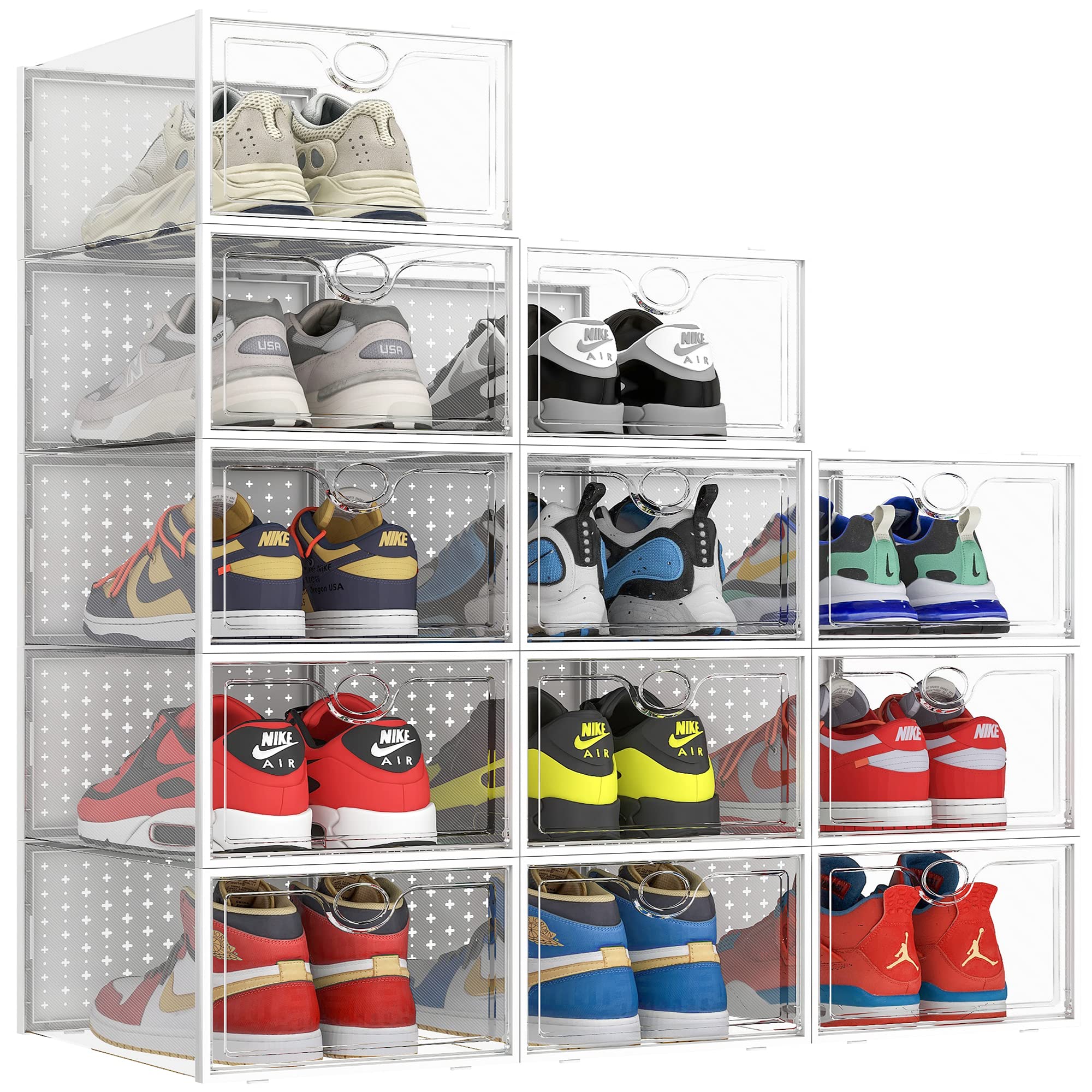 Pinkpum XXL Larger Shoe Storage Boxes Fit Size 14, Clear Plastic Stackable Shoe Organizer 12 Pack Sneaker Storage for Sneakerhea