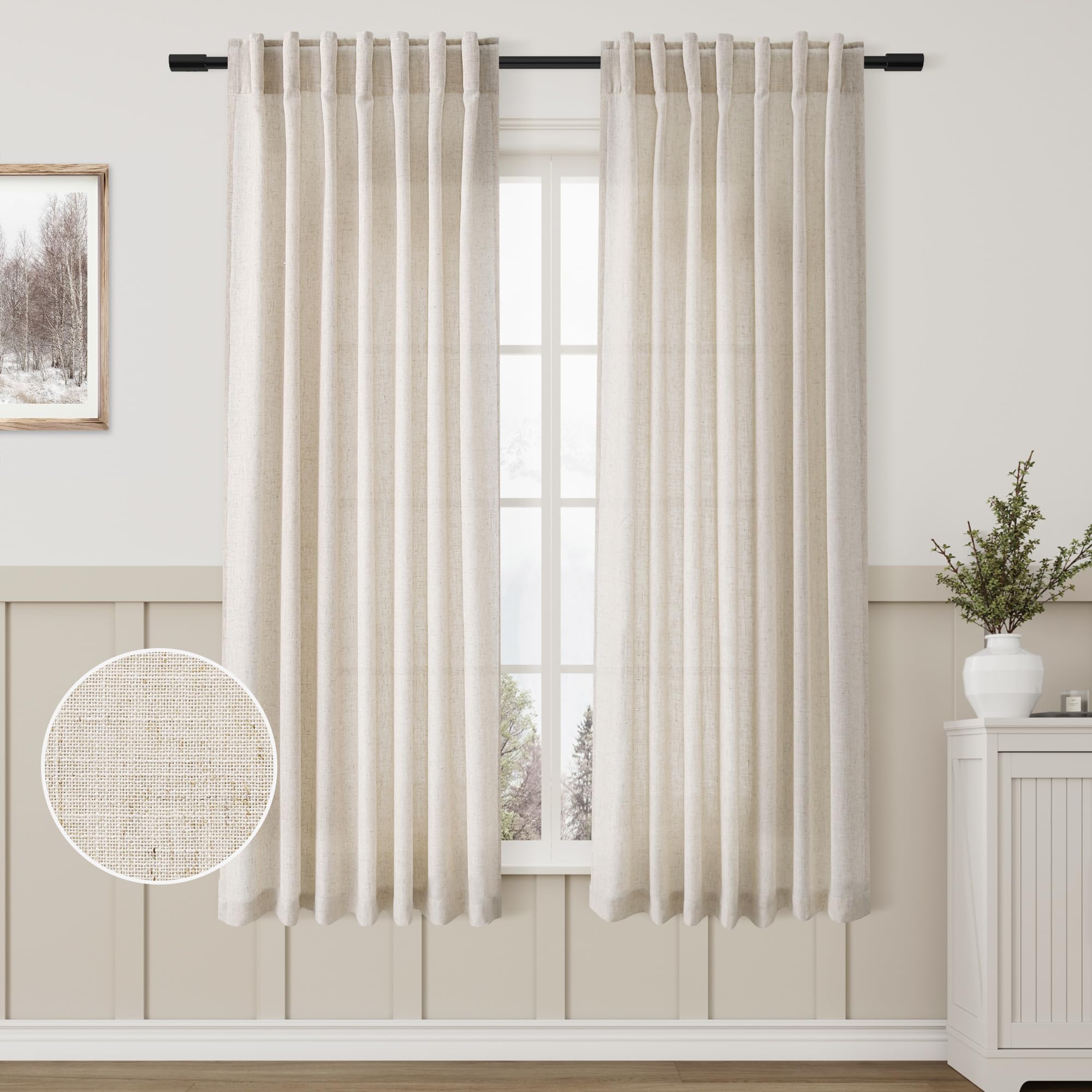 Aersas Beige Living Room Linen Textured Curtains 63 Inch Length 2 panels Back Tab Pocket Boho Farmhouse Lightweight Drapes Semi 