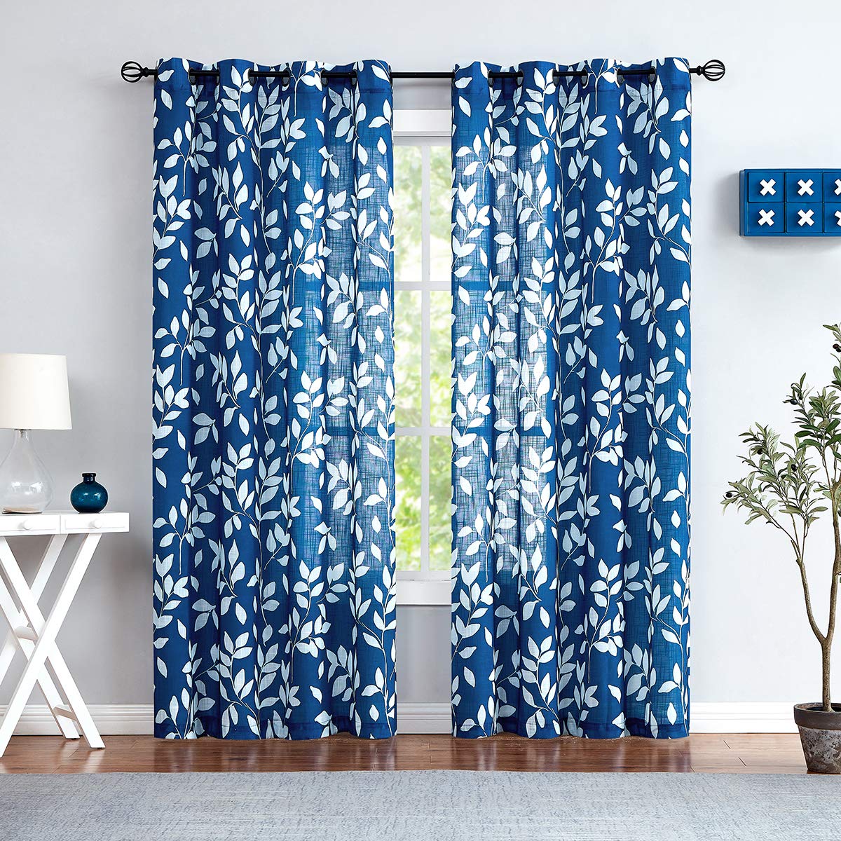 White and Blue Curtains for Bedroom 84 Length Semi-Sheer Print Leaf Curtains for Living Room Windows, Deep Blue Grommet Top, 2 P
