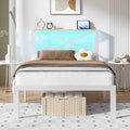ChicZhiNest Twin White Metal Bed Frame with USB Charging Station, LED Ambient Lighting, and Wooden Storage Headboard - Includes 