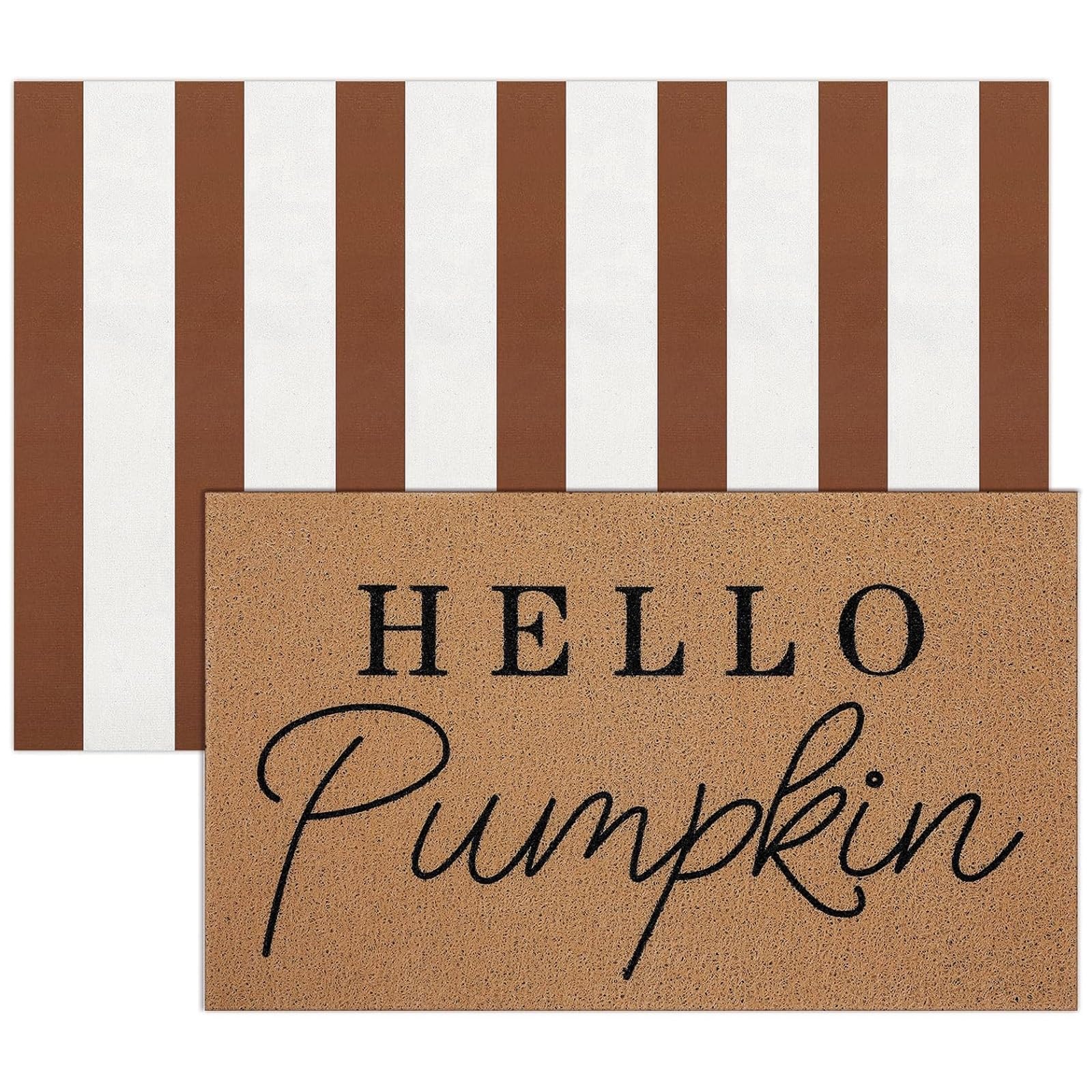 Tinideya 2 Pcs Fall Door Mat Hello Pumpkin Welcome Non Slip Coir Mats Thanksgiving Brown White Stripe Harvest Floor Layering Doo