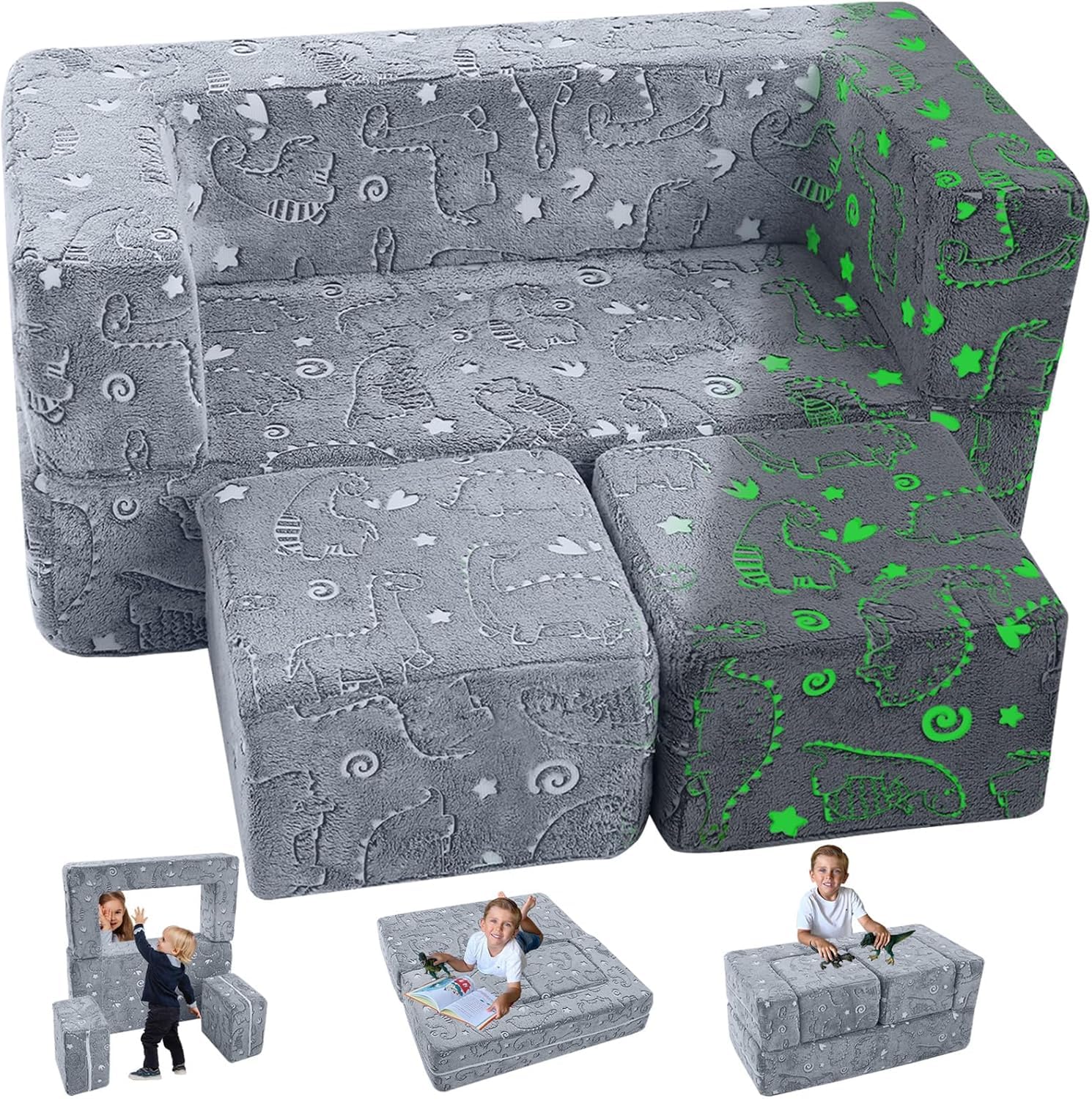 MeMoreCool Glow-in-The-Dark Dinosaur Modular Kids Play Couch - Convertible Foam Sofa for Toddlers, Multi-Configuration Climbing 