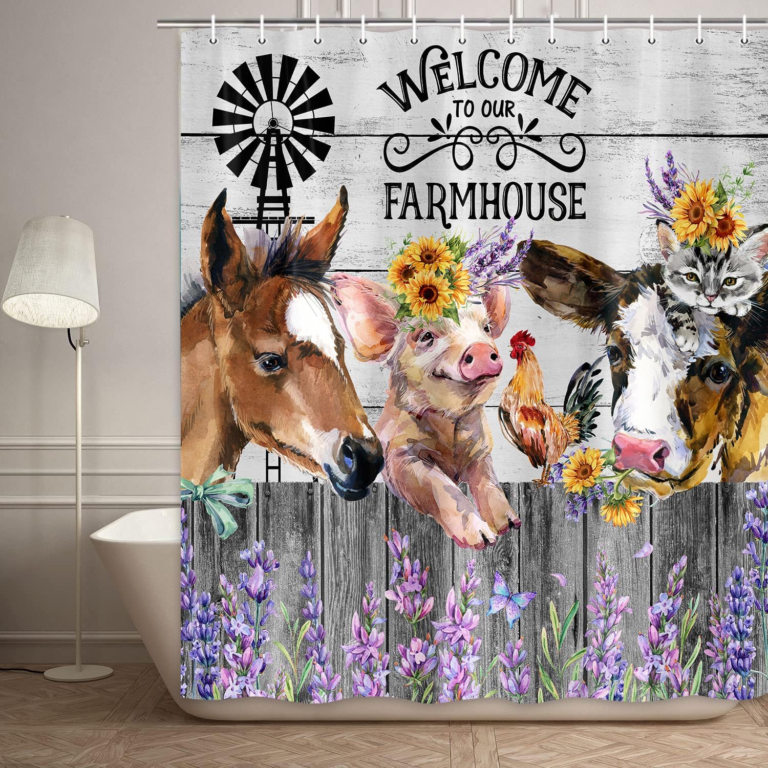 JAWO Funny Farm Western Wildlife Animals Shower Curtain, Farmhouse Cute Cow Cat Chicken Pig Horse Bathroom Curtain Set, Country 