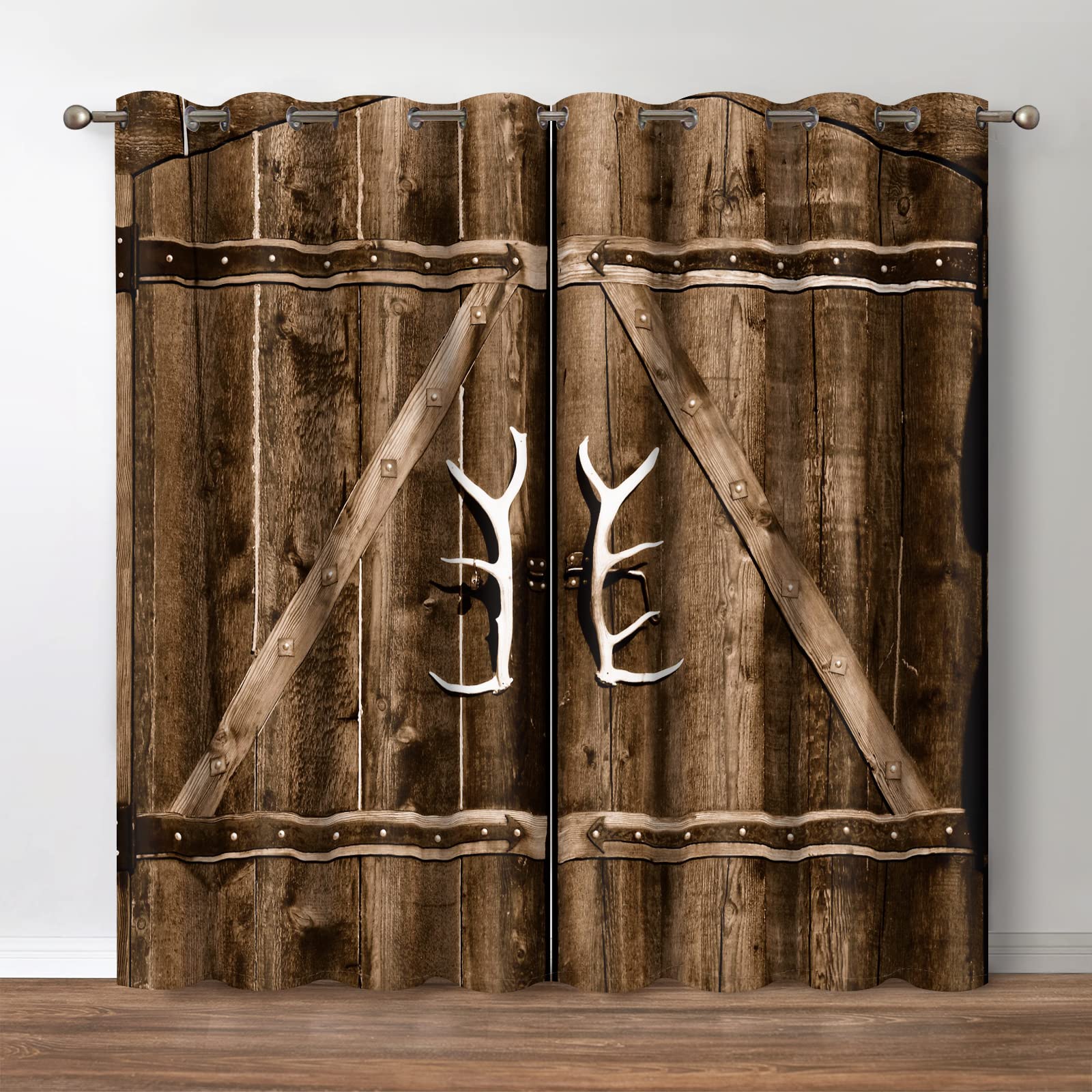 Jekeno Rustic Wooden Blackout Curtains Brown Wood Door of Farmhouse Village Rural Retro Decor for Bedroom Living Room Darkening 