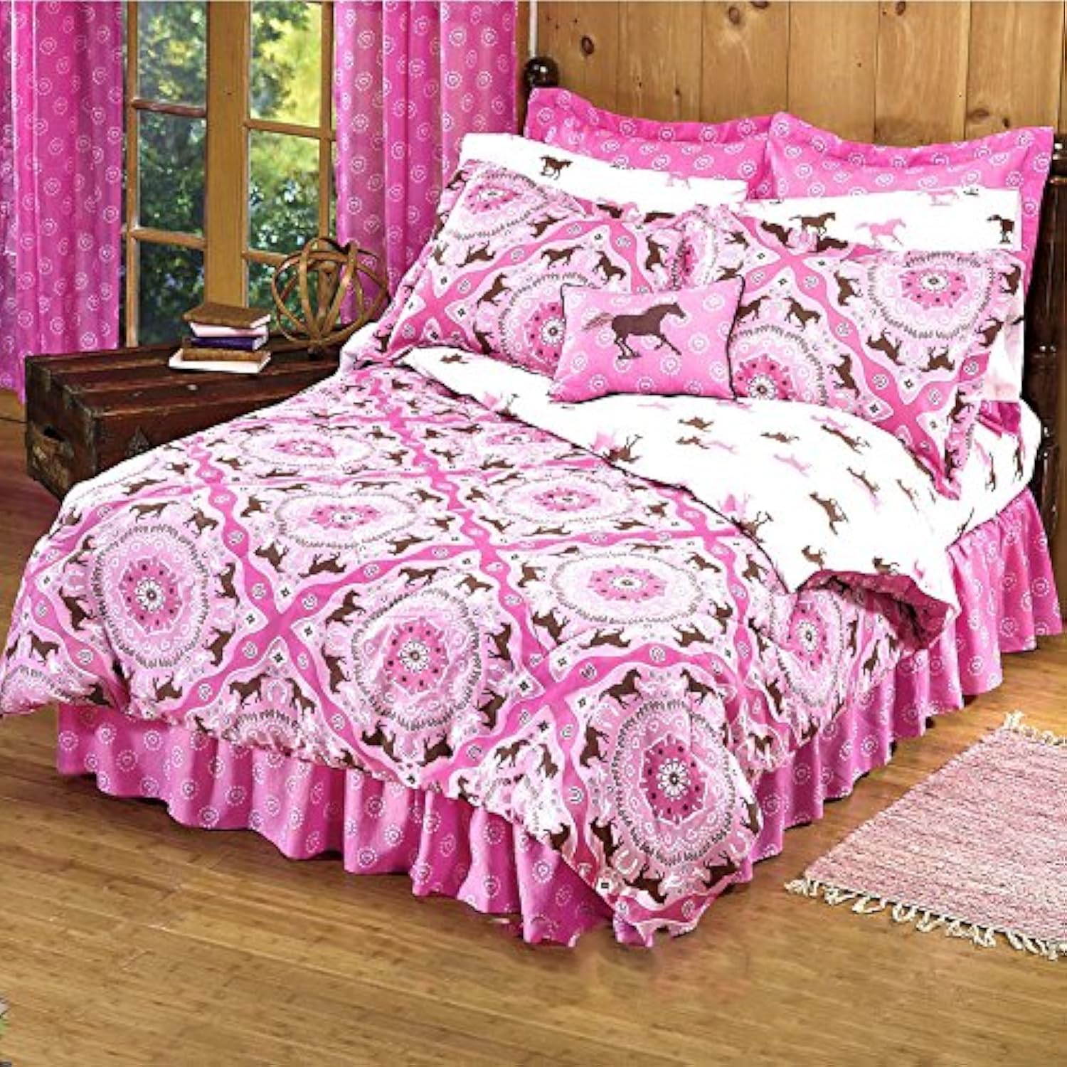 Country Livivng Girls 8 Piece Queen Size(86x86) Pink Brown Pony Horse Bandana Equestrian Bedding Comforter Set & Sheets (Bed in 