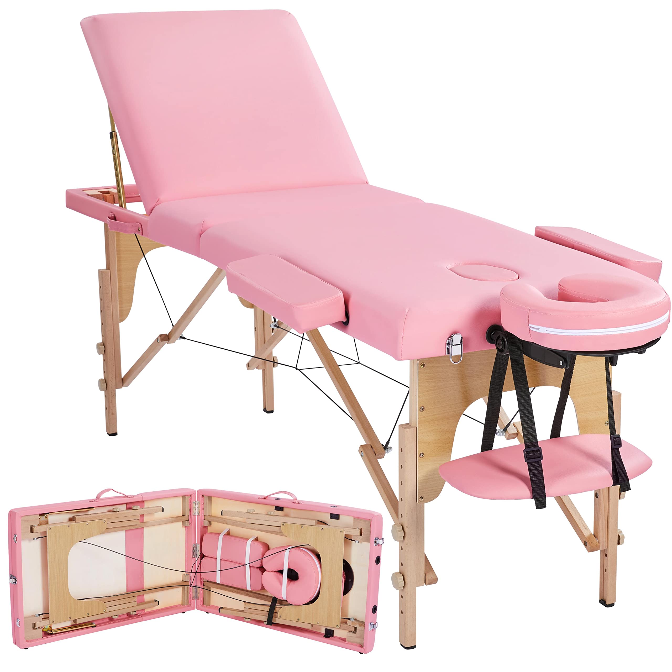 Topeakmart Lash Bed Massage Tables Portable Height Adjustable Salon Bed 3 Folding Face Cradle Bed Tattoo Bed Pink
