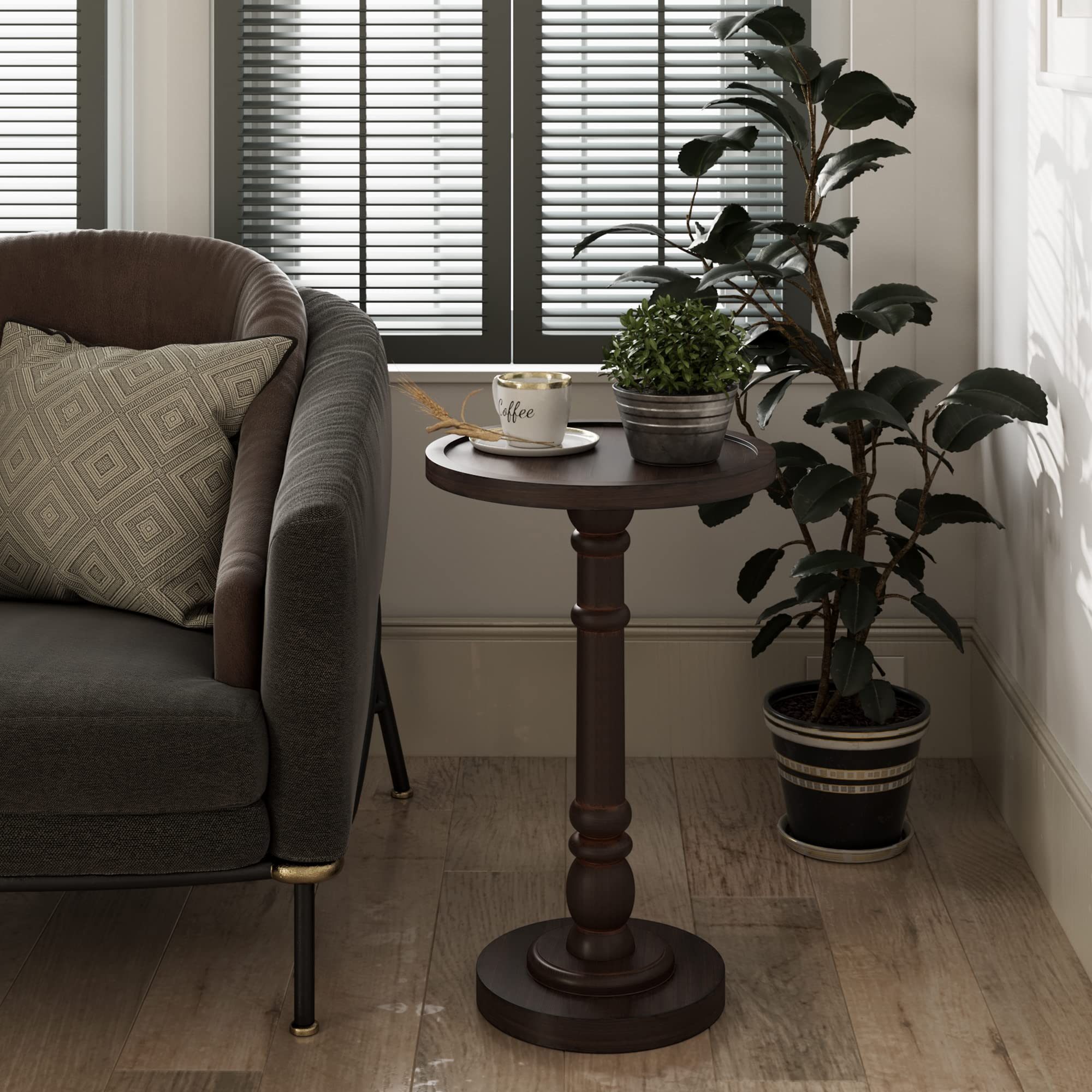 COZAYH Pedestal Small Drinking Table, Traditional Tray Top End Table, Espresso