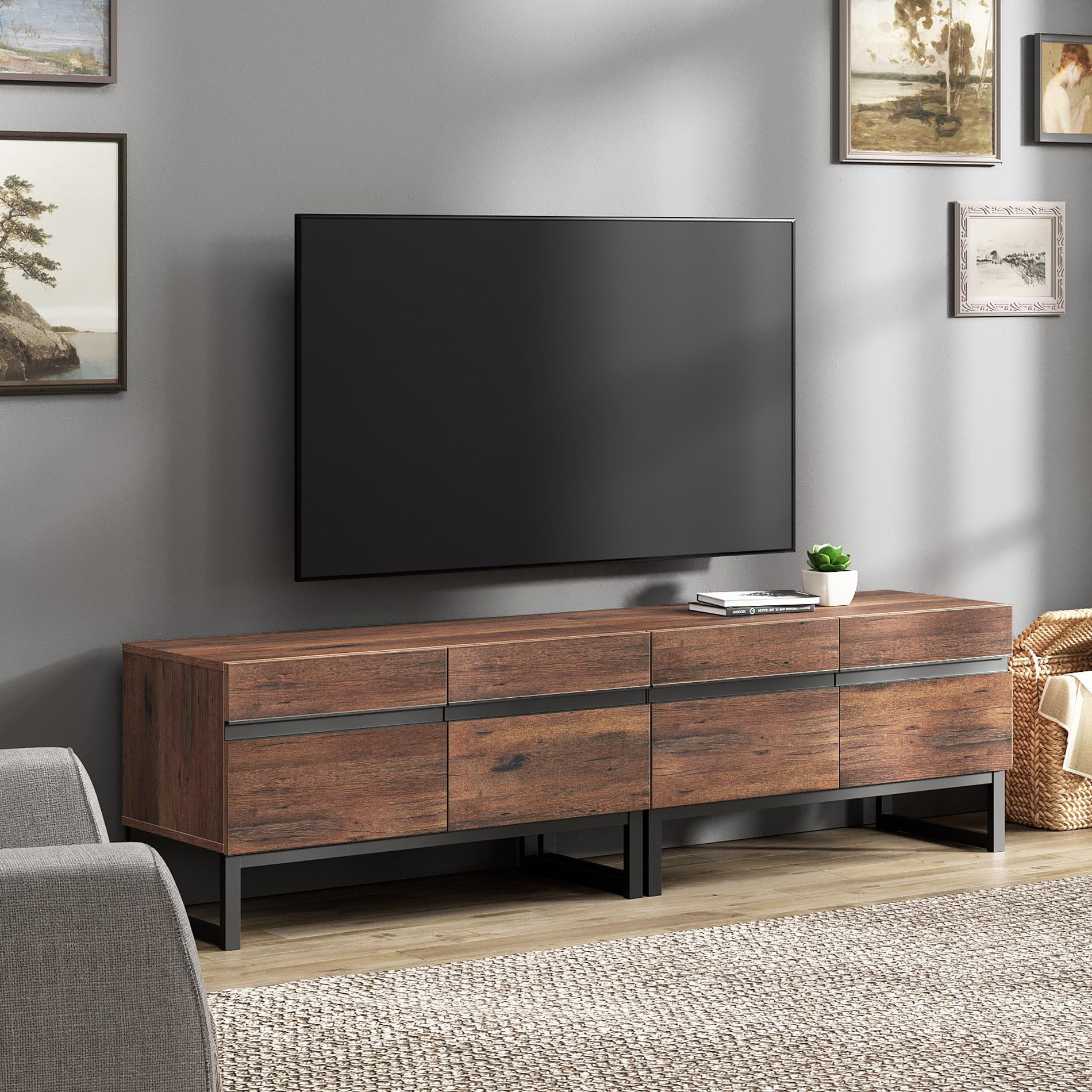 WAMPAT 2 in 1 Modern TV Stand for TVs up to 75 inch, Wood TV Entertainment Center TV Console with Storage Cabinets and Metal Bas