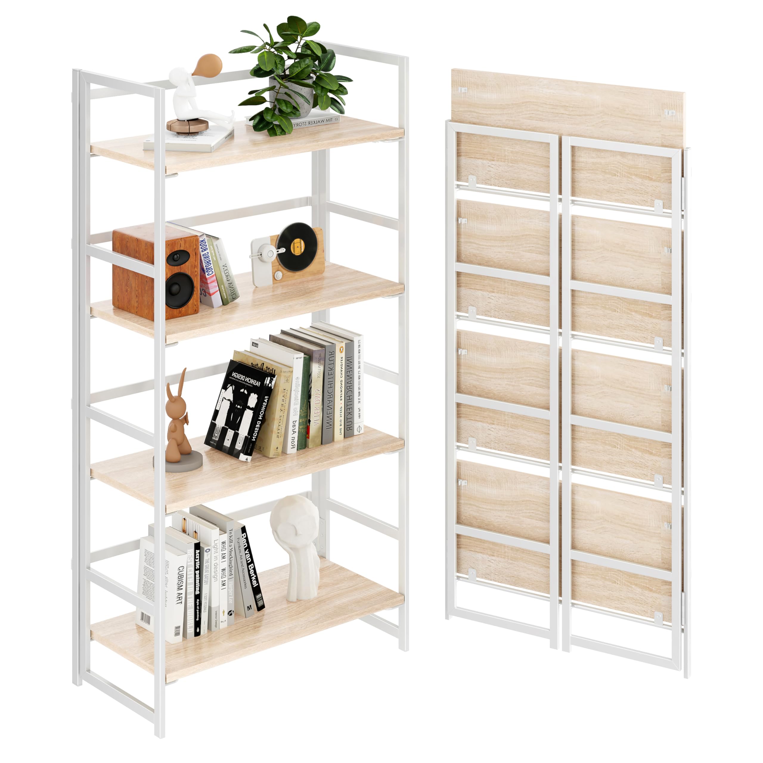 BHG Vintage Multifunctional Folding Bookshelf, No-Assembly Plant Stand Storage Rack Shelves for Home Office (White, 4-Tier)