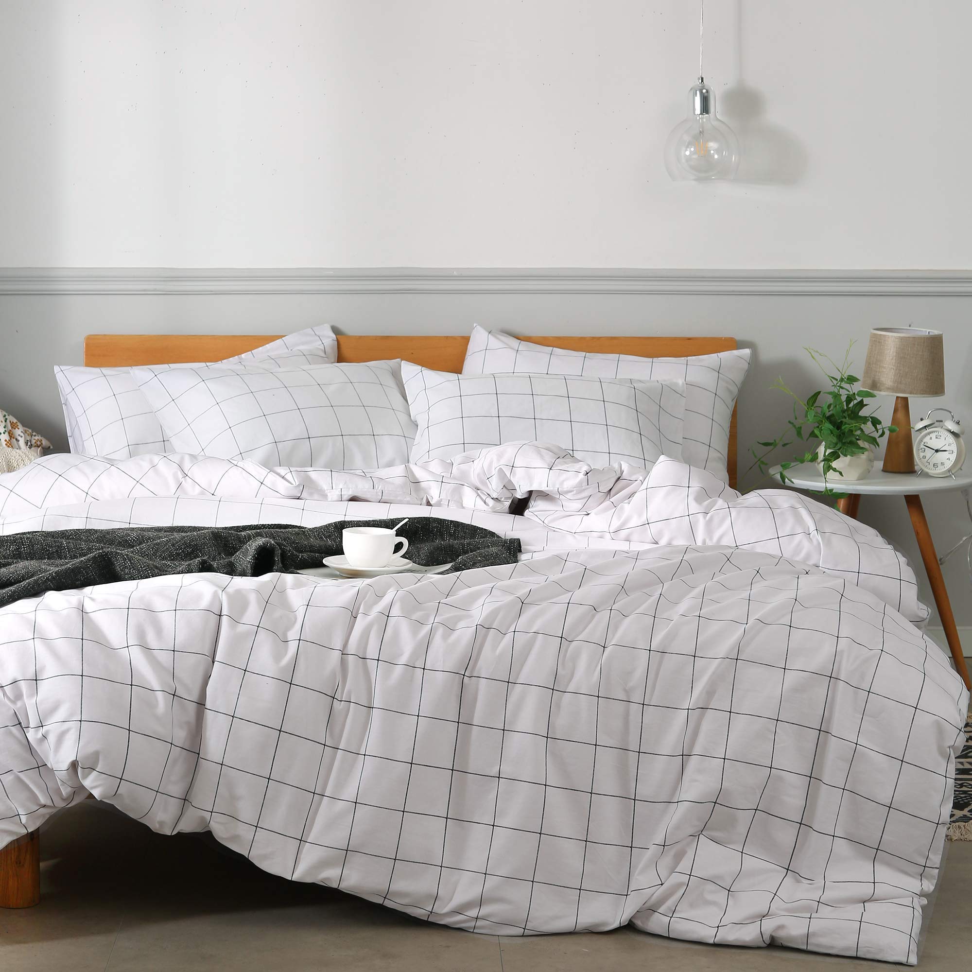 JELLYMONI 100% Natural Cotton 3pcs Plaid Duvet Cover Sets,White with Black Grid Geometric Pattern Printed Comforter Cover,with Z