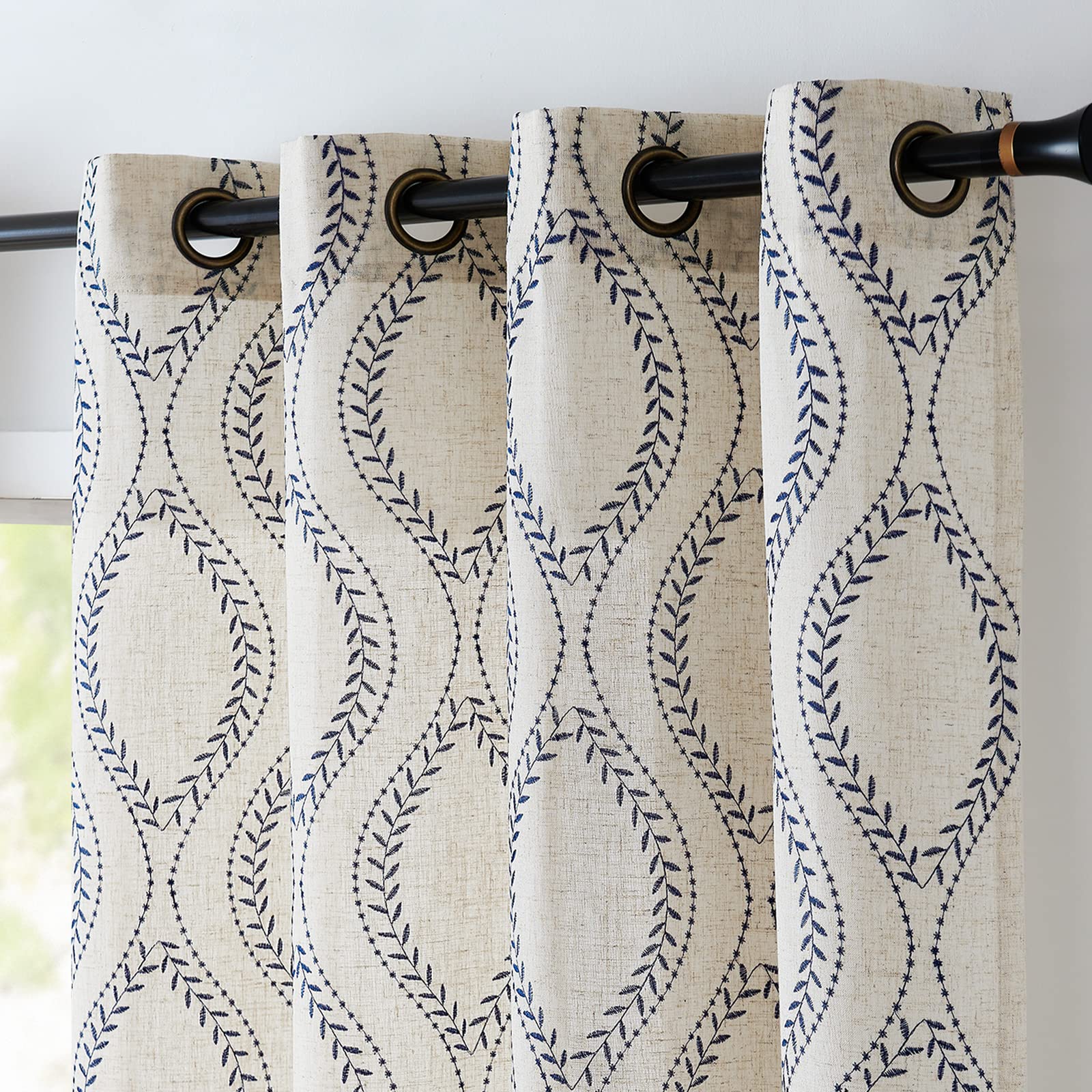 jinchan Boho Linen Blend Curtains Beige Farmhouse Curtains 63 Inches Long Blue Embroidered Leaf Living Room Ogee Geometry Drapes