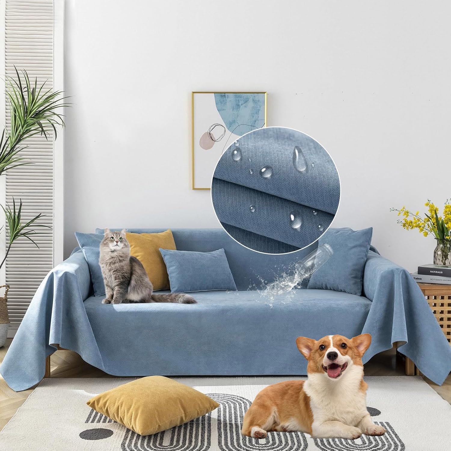 STACYPIK Ocean Blue Waterproof Sofa Covers Anti-Slip Couch Covers for Dog Cat Dual Sofa Water Resistant Pet Protector for 3 Cush