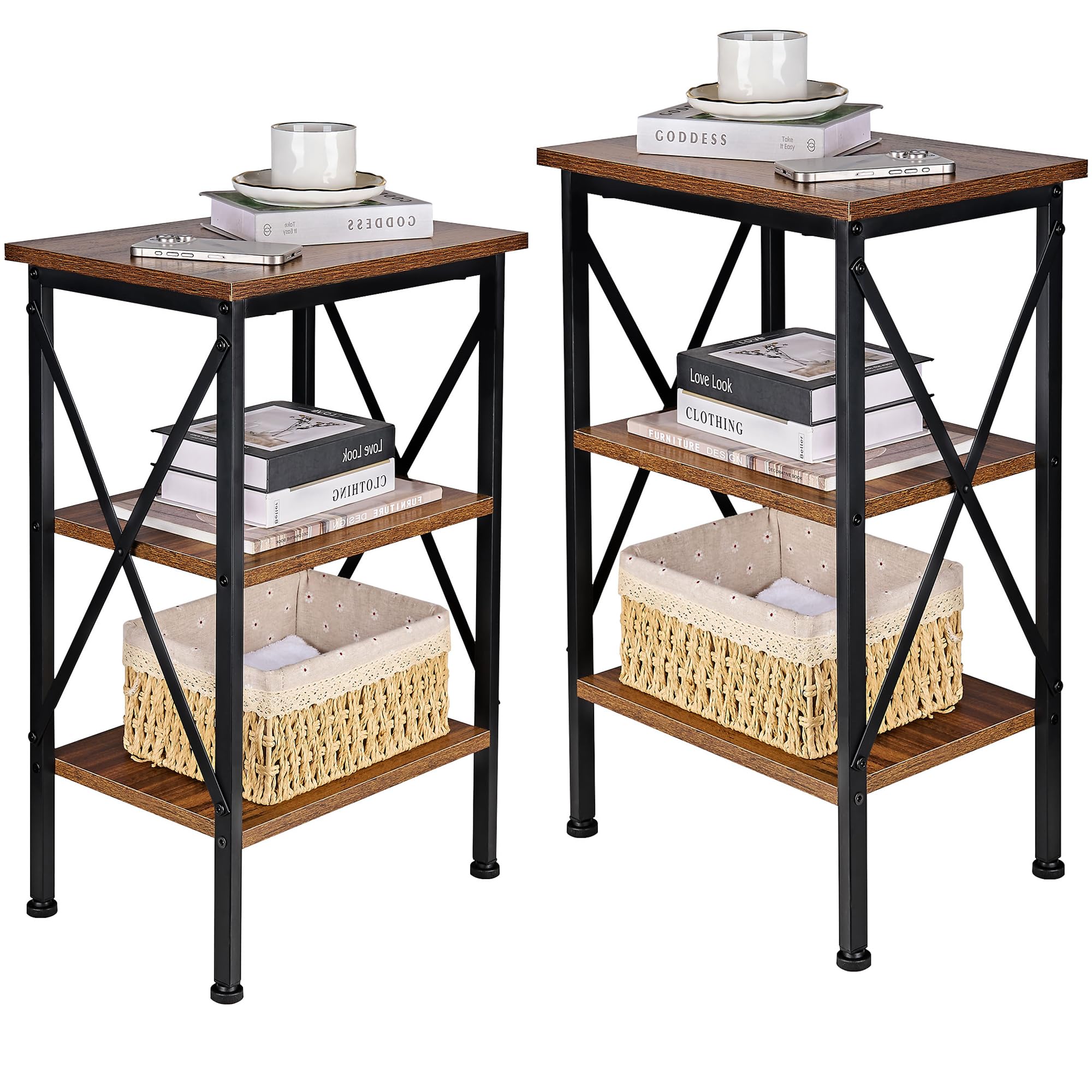 VECELO Versatile Side/End Table with Storage Shelf Nightstands for Living Room,Bedroom Furniture (Set of 2), Shelves, Retro Brow