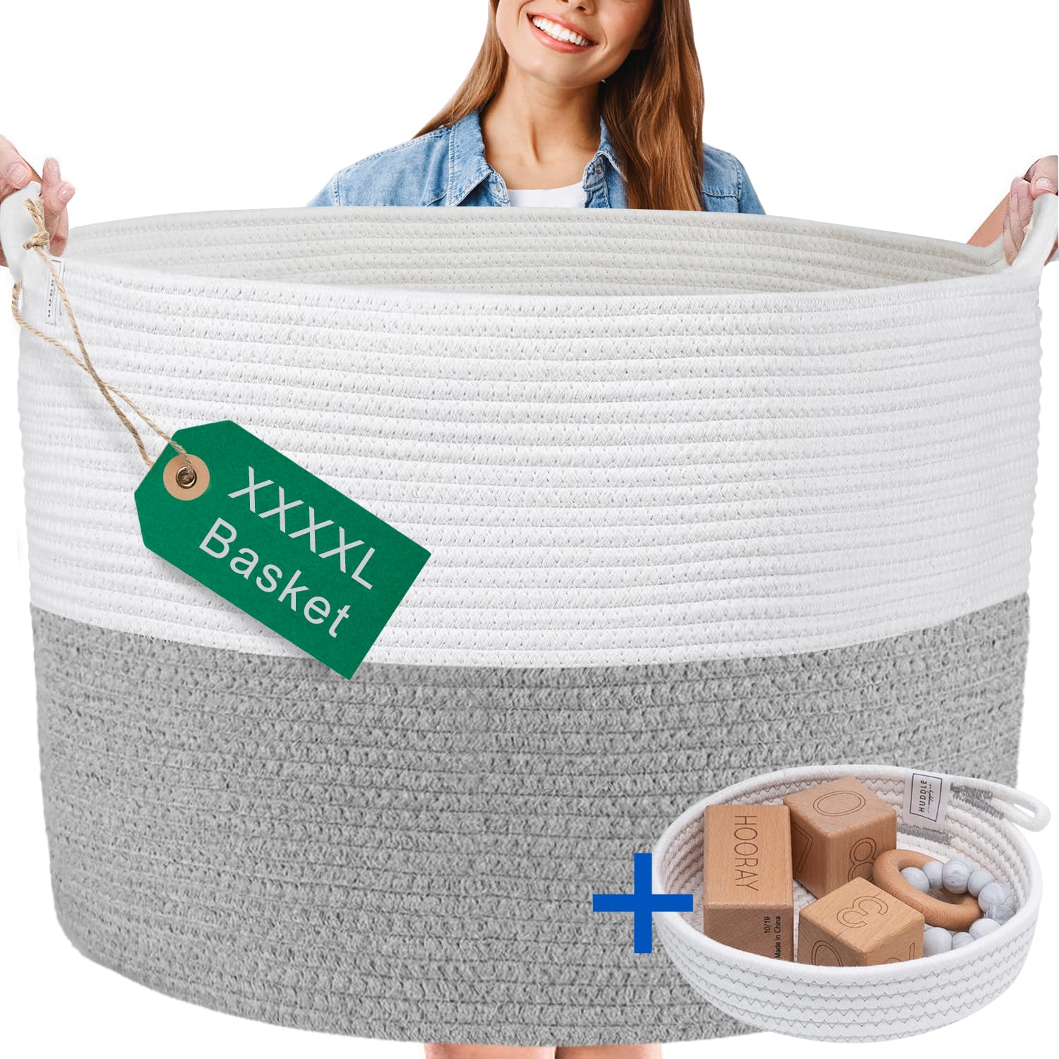 XXXXL WASHABLE Jumbo 125L Extra Large Blanket Basket, Woven Decorative Cotton Rope Basket with Handles for Laundry, Living Room,