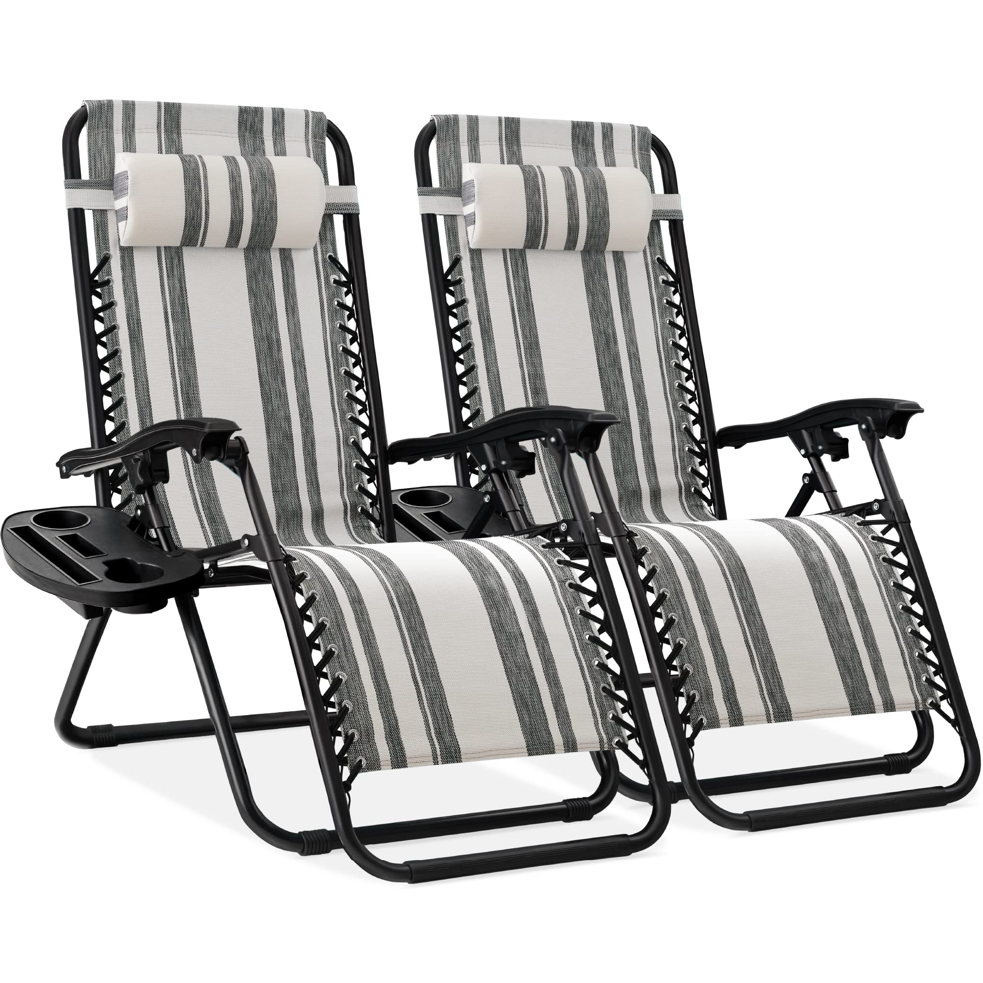 Best Choice Products Set of 2 Adjustable Steel Mesh Zero Gravity Lounge Chair Recliners w/Pillows and Cup Holder Trays - Gray St
