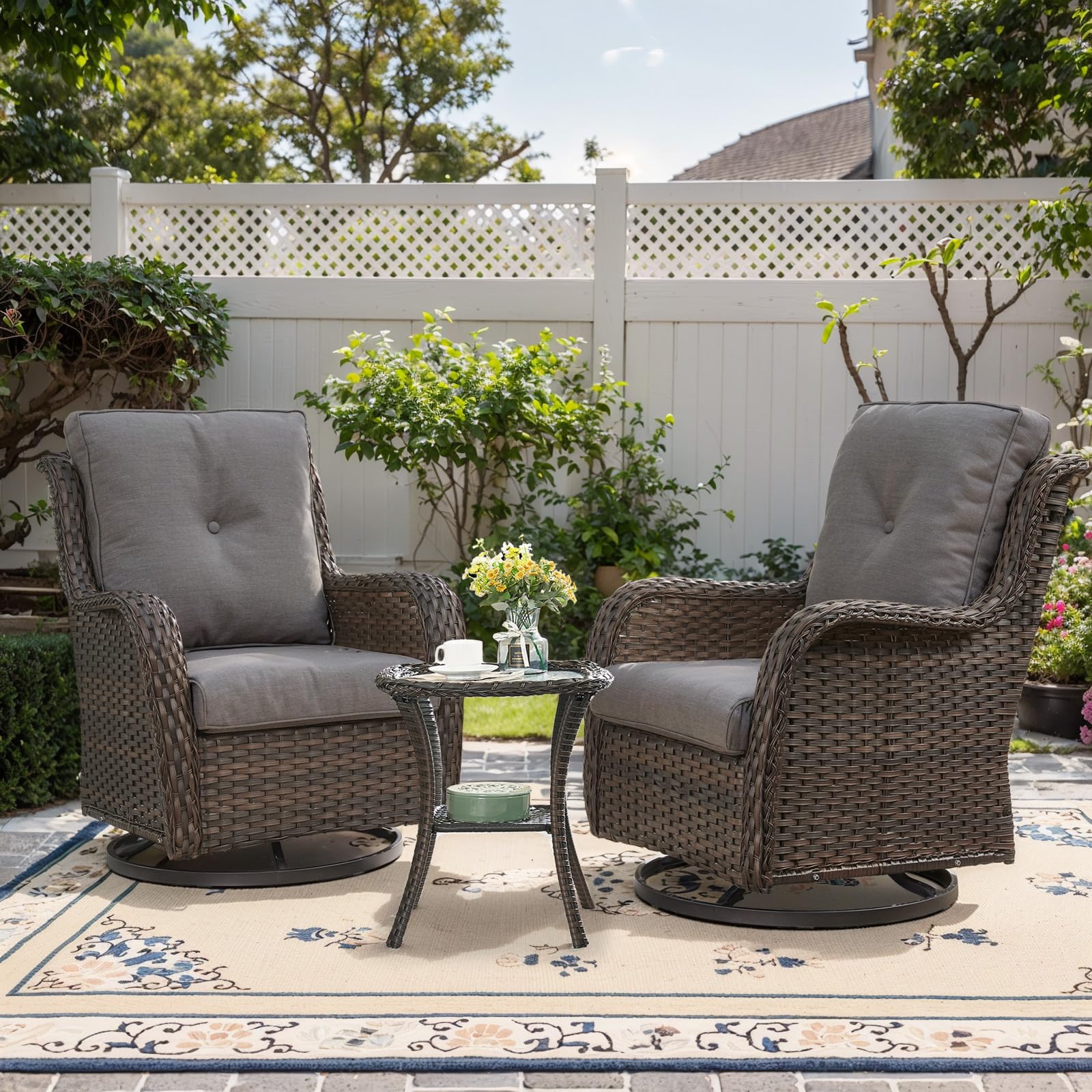 Patio Furniture Set Swivel Rcoker - 3 Pieces Outdoor Glider Rocking Chairs with Small Side Table, Wicker Chair Sets for Porch, B
