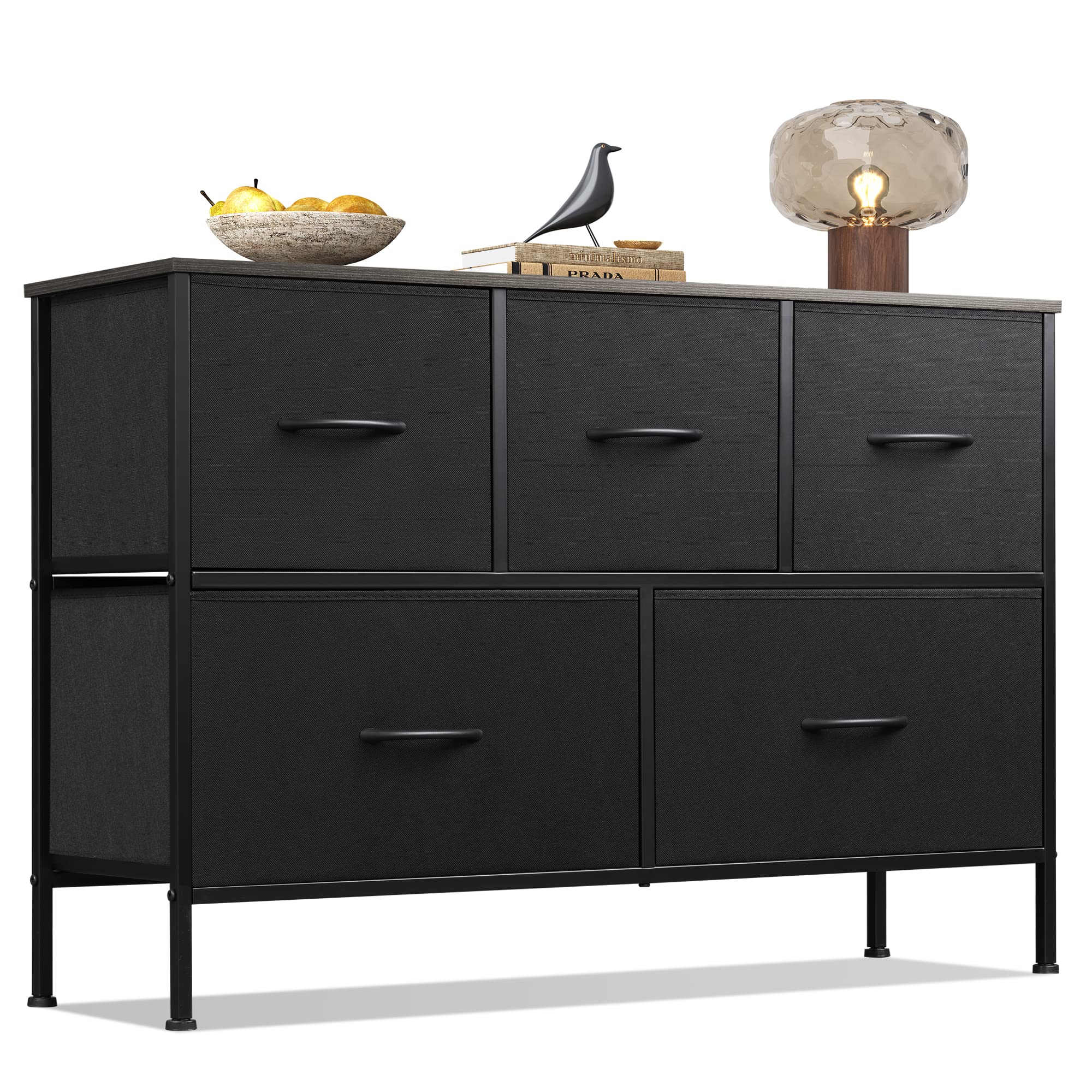 WLIVE Dresser for Bedroom with 5 Drawers, Long Fabric Dresser, Chest of Drawers, Storage Drawer Unit with Fabric Bins for Closet