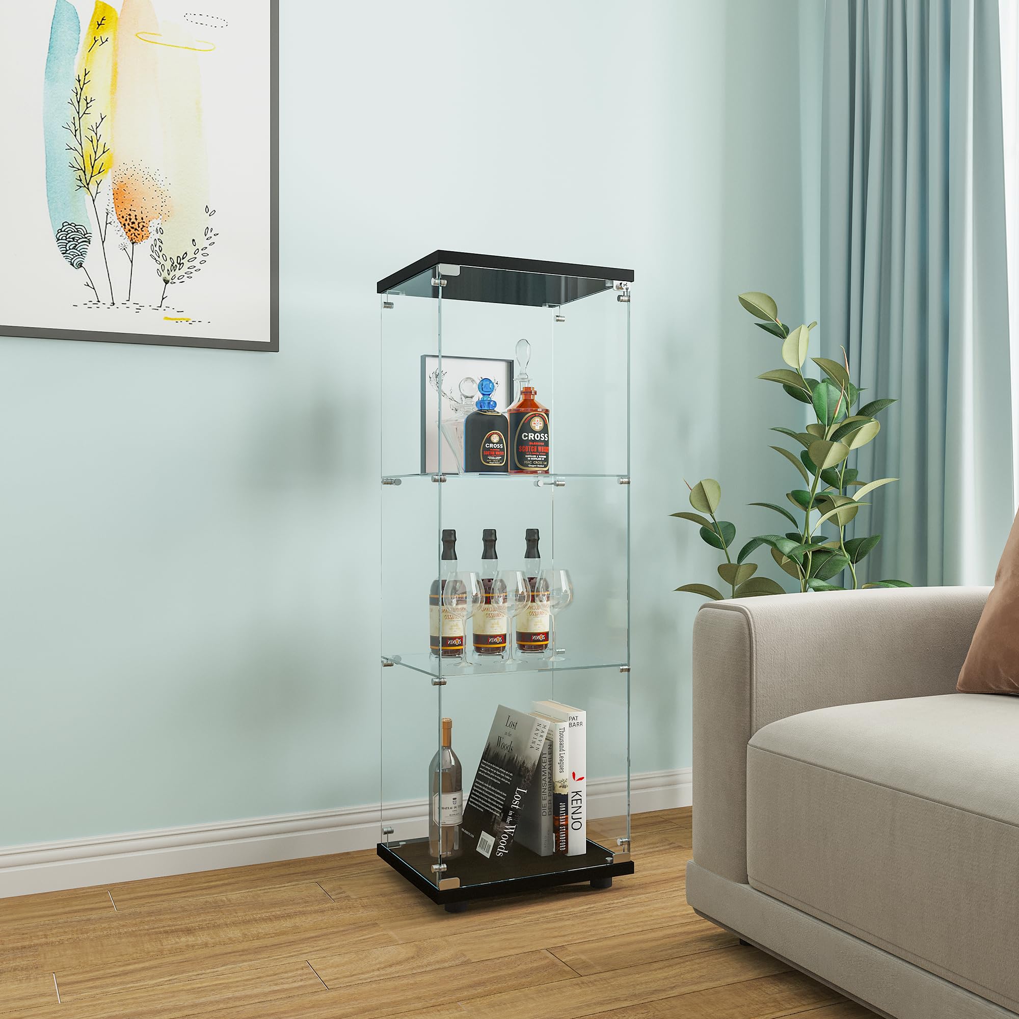 Beauty4U Glass Display Cabinet with 4 Shelves, Curio Cabinets for Living Room, Bedroom, Office, Black Floor Standing Glass Books