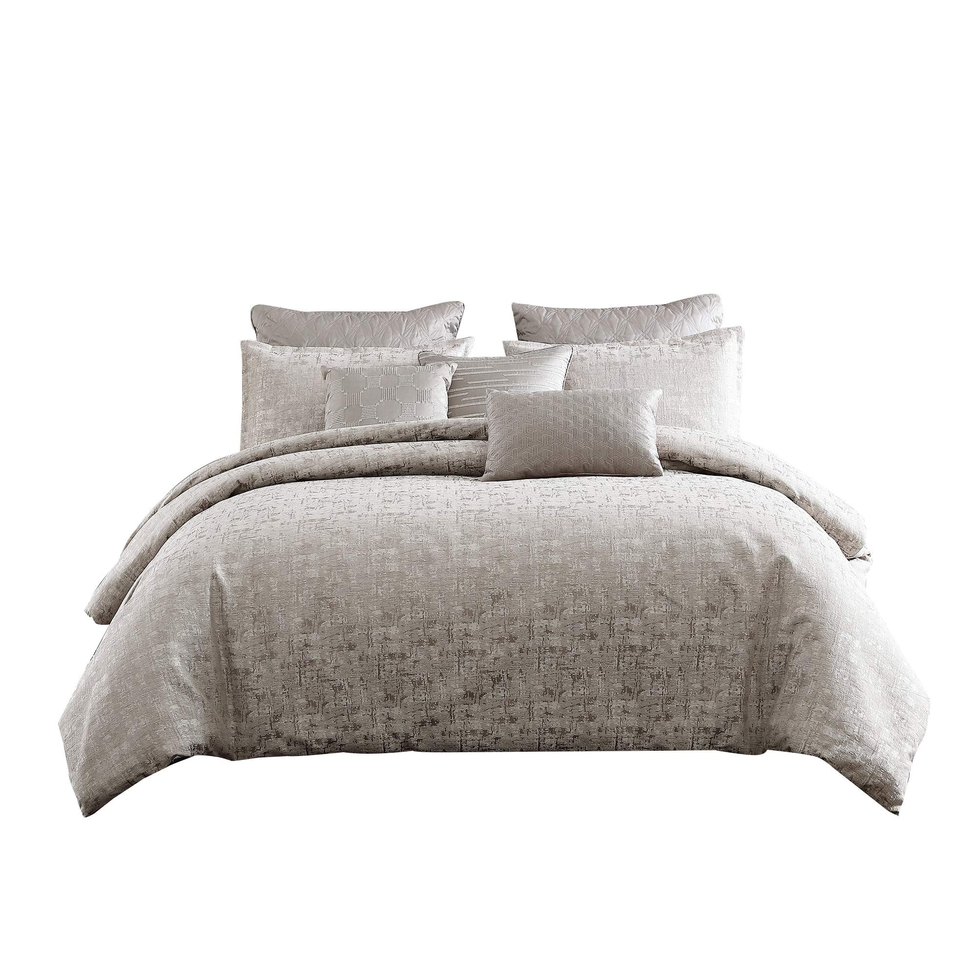 Benjara 10 Piece King Polyester Comforter Set with Jacquard Print, Gray