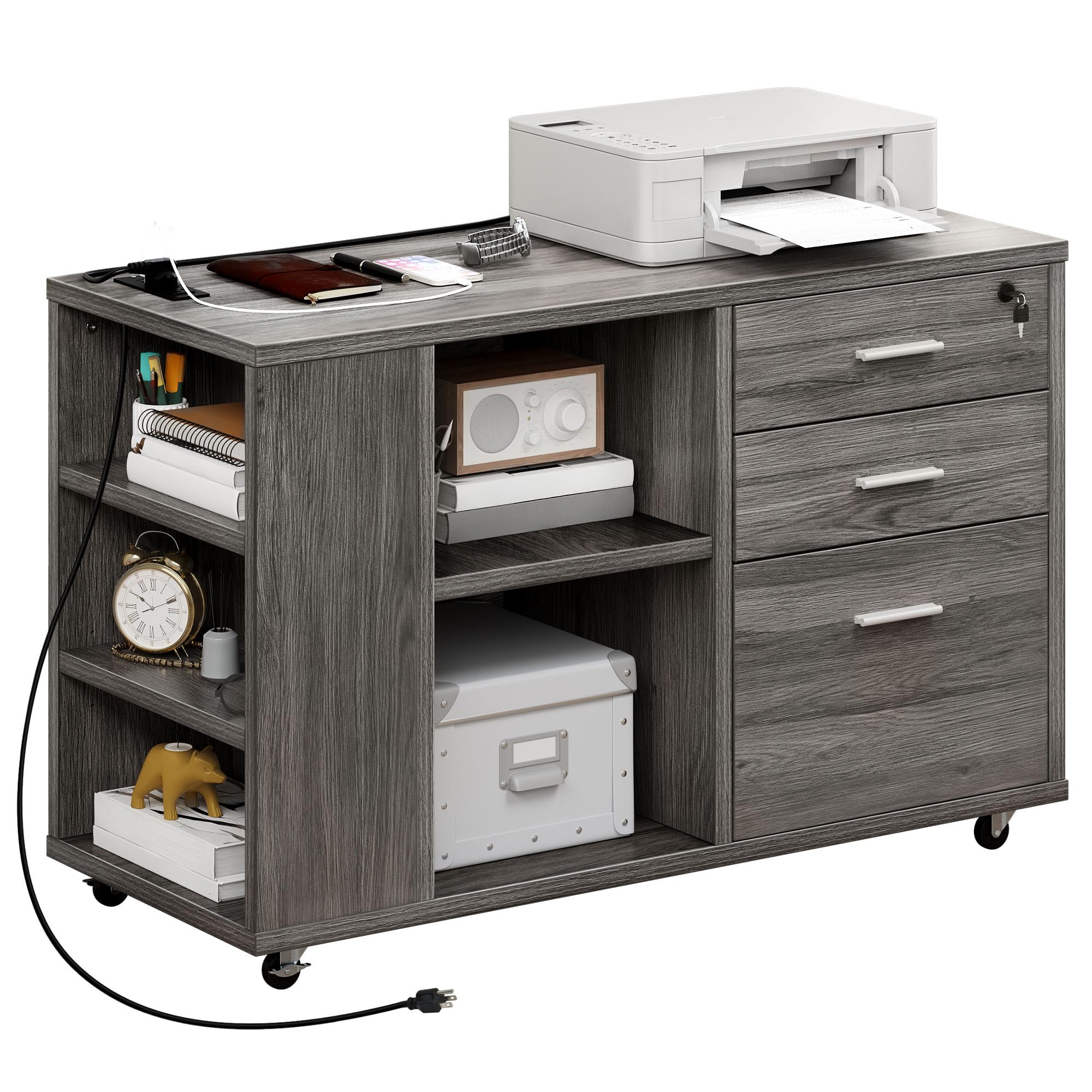 YITAHOME File Cabinet with Charging Station, Mobile Lateral Filing Cabinet with Lock for Home Office, Printer Stand with Open St