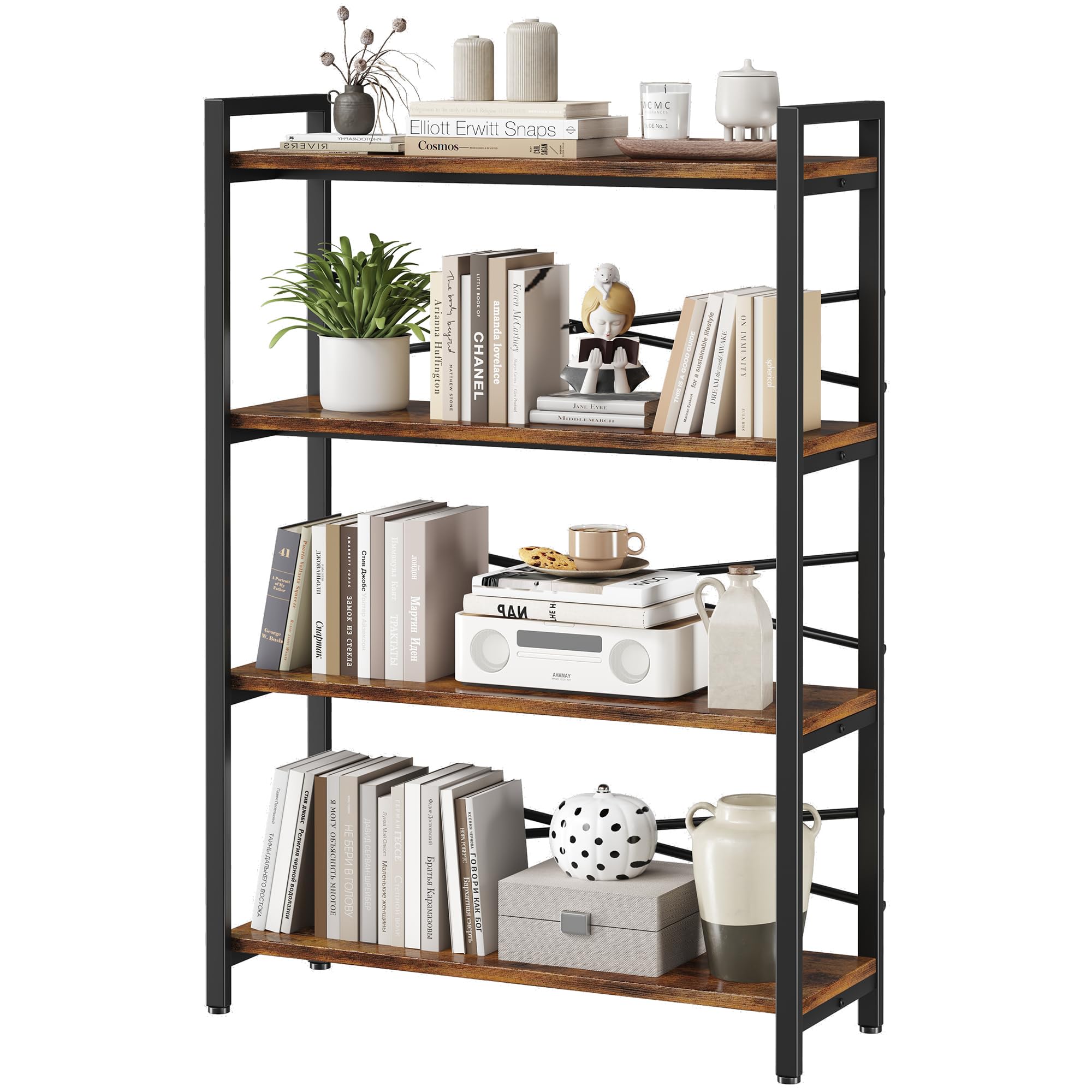 4 Tier Bookshelf 31.49 Width, Book Organizers and Storage, Wood and Metal Tall Bookcase, Rustic Book Shelf Organization and Stor