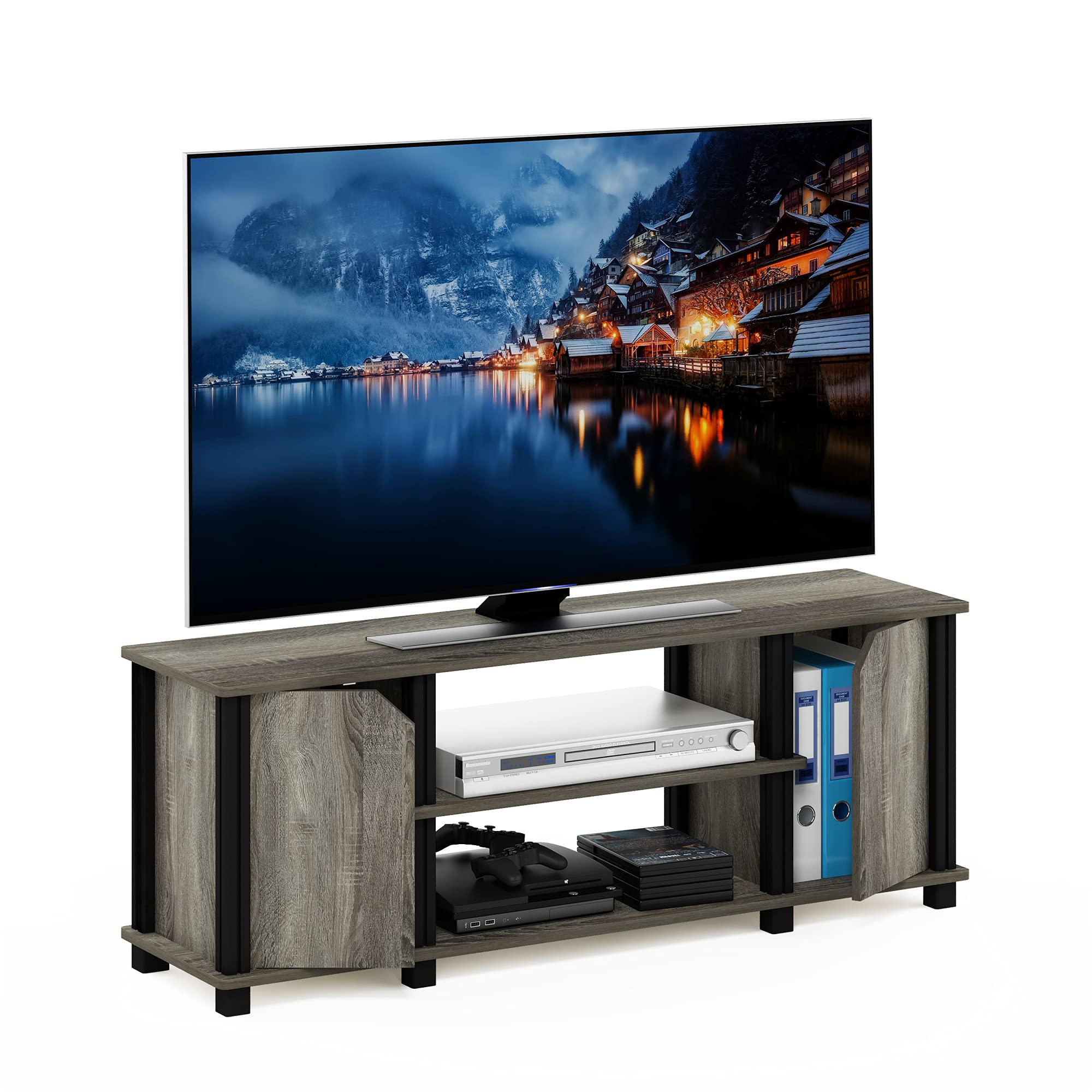 Furinno Brahms TV Stand Entertainment Center with Shelves and Storage for TV Size up to 45 Inch, French Oak/Black