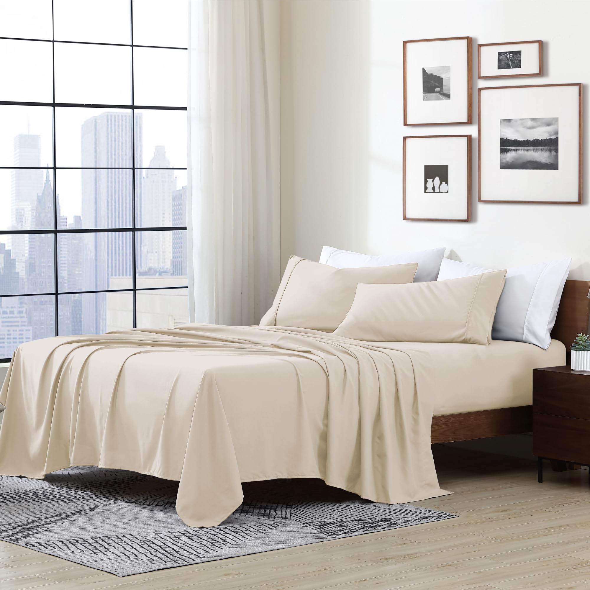 Cathay Home Essentials Ultra Soft Hypoallergenic Wrinkle Resistant Double Brushed Microfiber Bedding Sheet Set, Cream, Twin