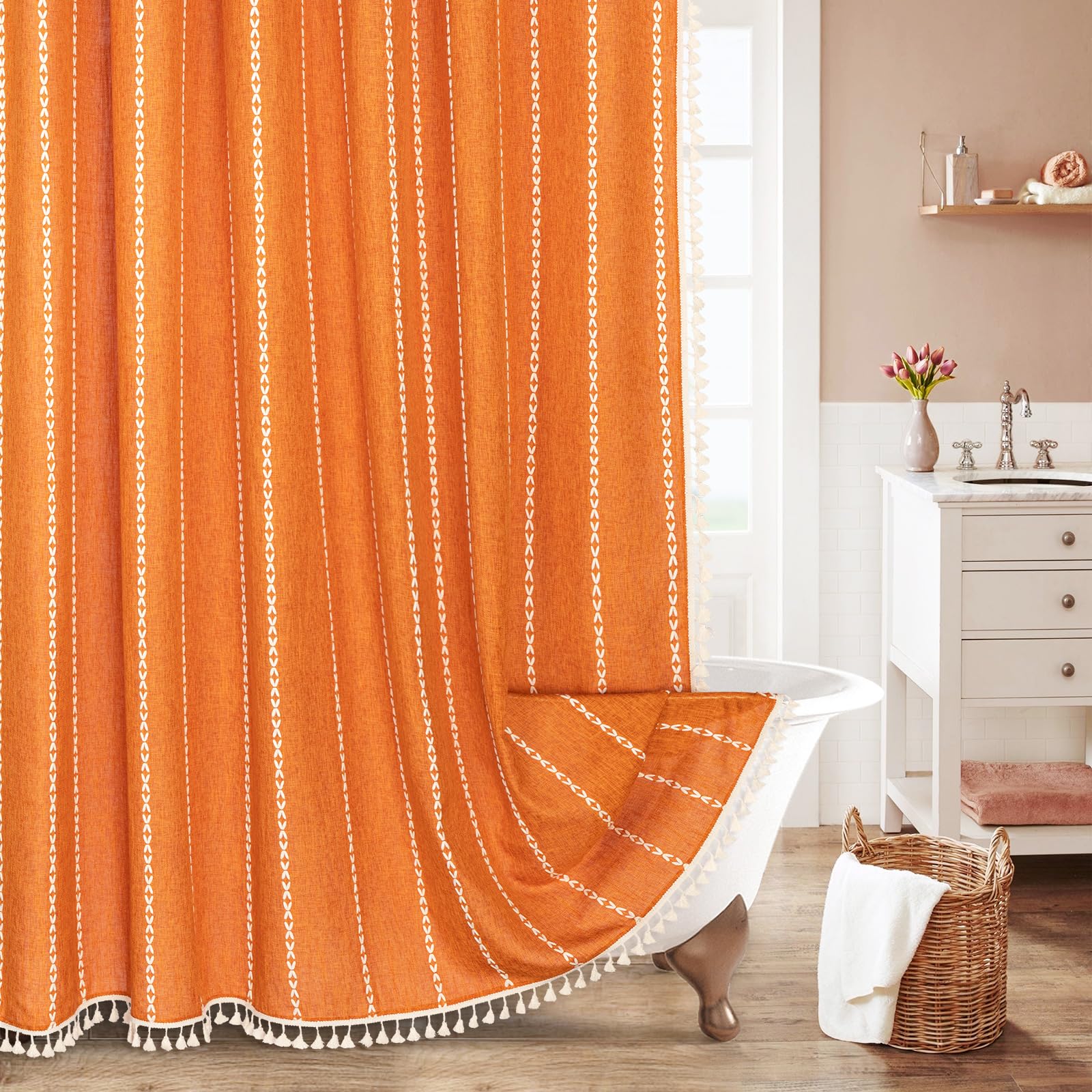 MitoVilla Boho Long Shower Curtain 72 x 78, Orange Farmhouse 78 inch Long Cotton Linen Fabric Shower Curtains with Tassel for Ch