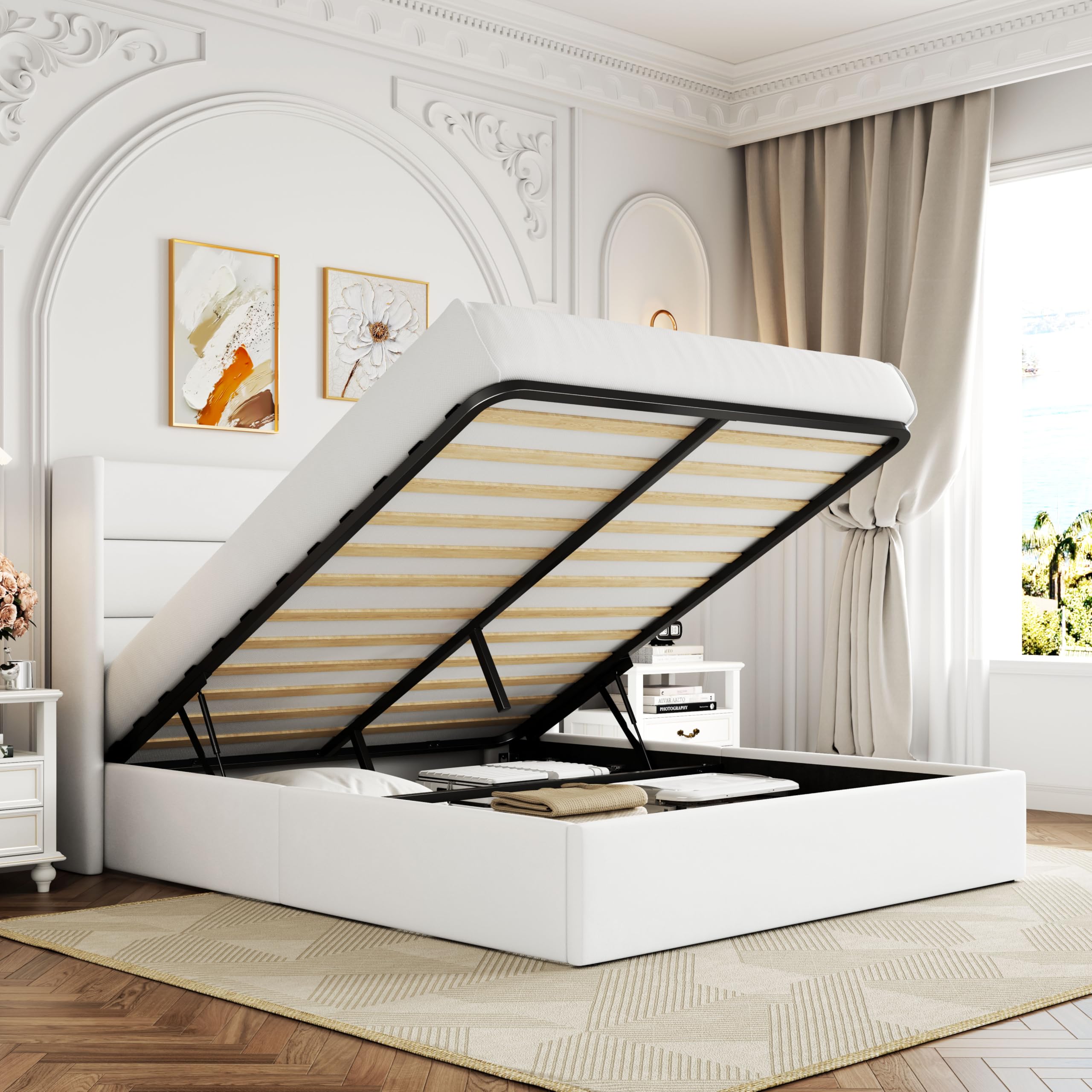 Allewie Queen Size Velvet Lift Up Storage Bed, Modern Wingback Headboard, Hydraulic Storage, No Box Spring Needed, White