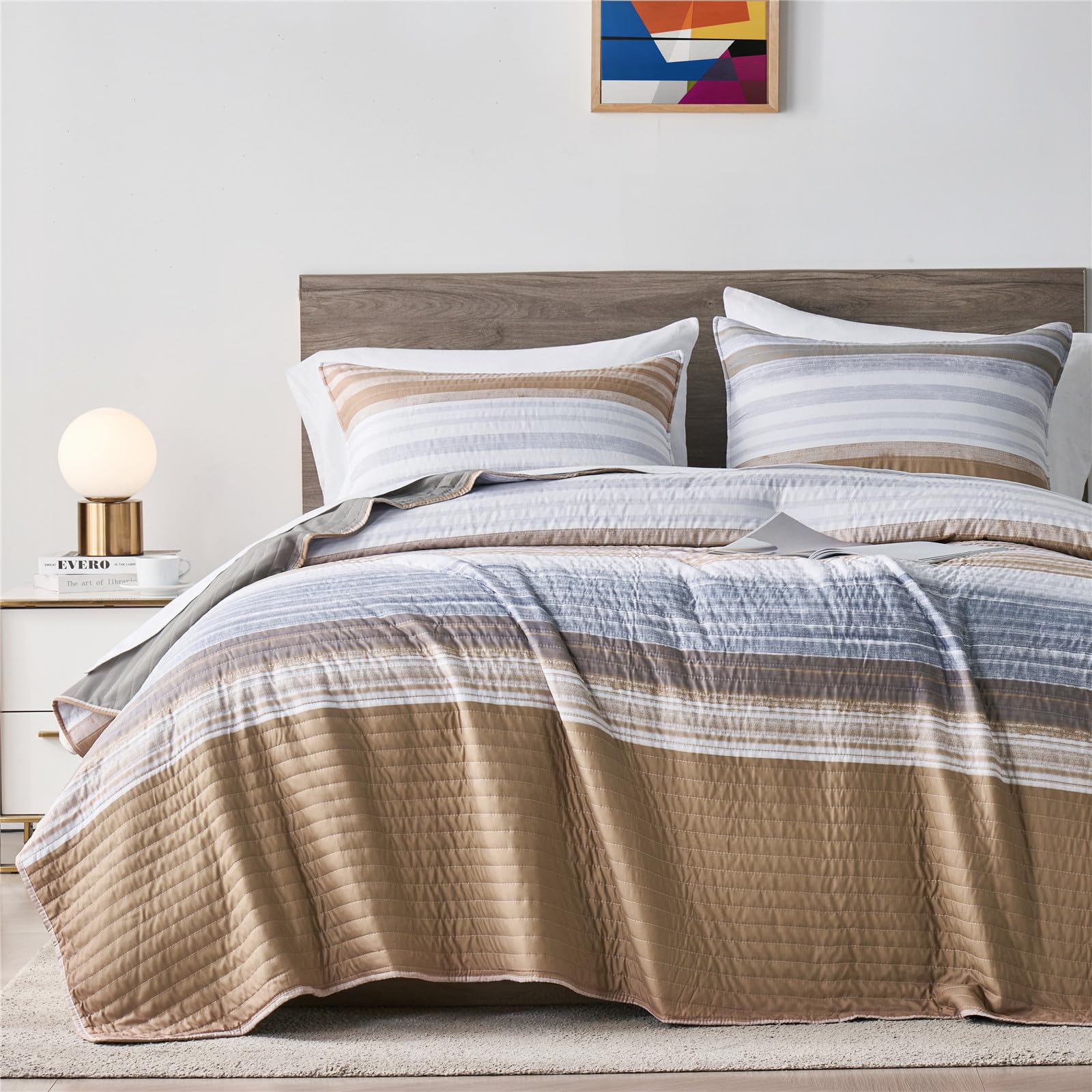 KAKIJUMN Twin Quilt Bedding Set, White Grey and Khaki Patchwork Striped Quilt Set, 2 Pieces Soft Lightweight Bedspread Coverlet 
