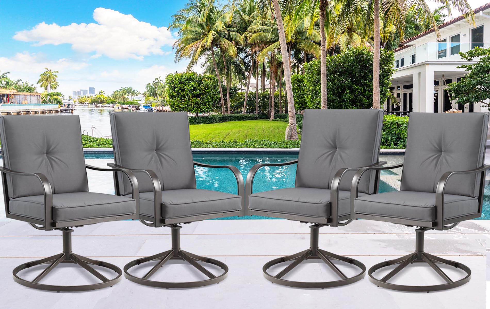 STRPRETTY Patio Swivel Chairs Set of 4, Heavy Duty Outdoor Swivel Dining Chairs with Steel Frame & Thickened Cushion, All Weathe