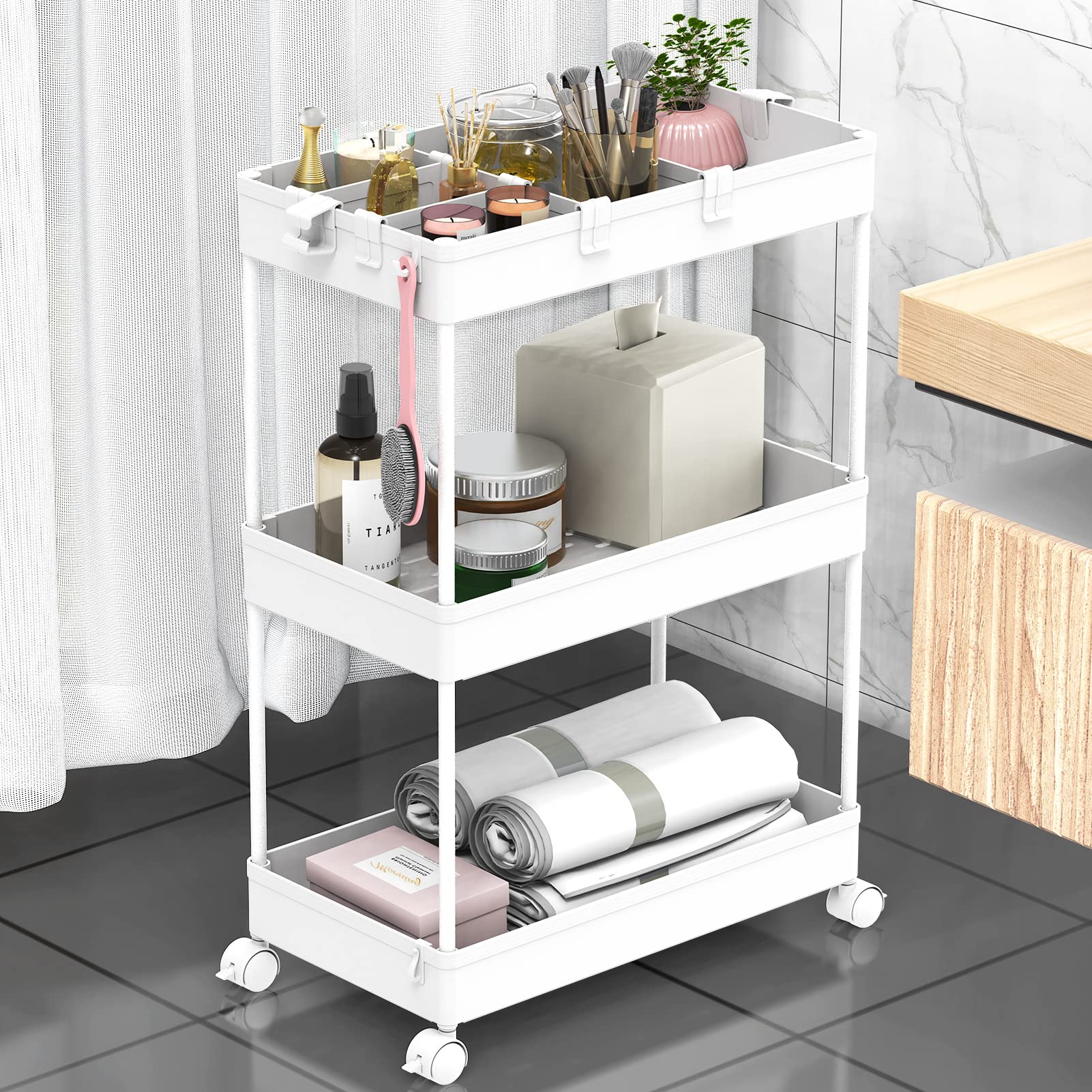 SPACELEAD 3 Tier Rolling Cart with Wheels, Storage Craft Art Trolley Organizer Serving, 3 Hanging Baskets Easy Assembly, for Off