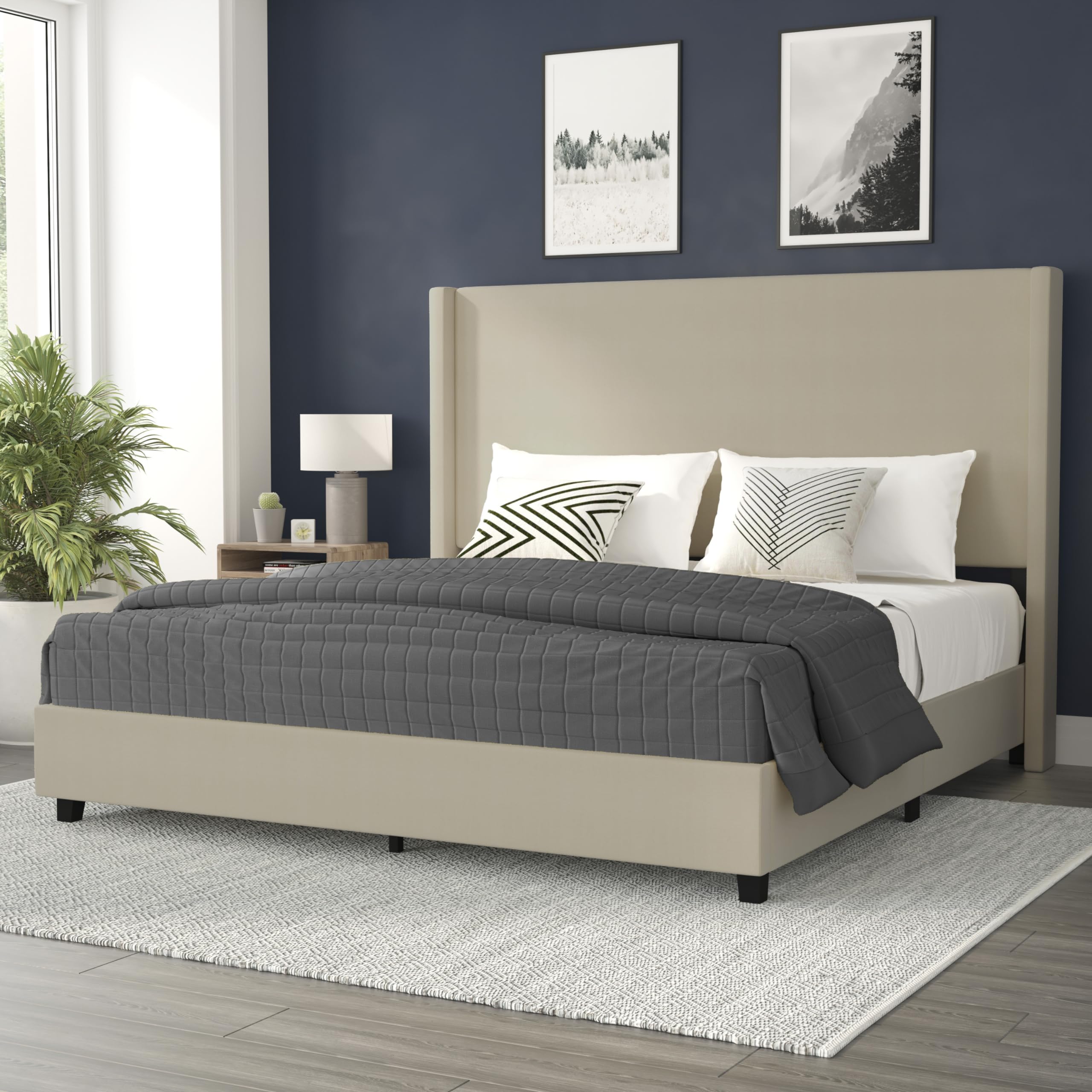 Flash Furniture Quinn Upholstered Platform Bed - Beige Channel Stitched Wingback Headboard - King - Mattress Foundation with Sla