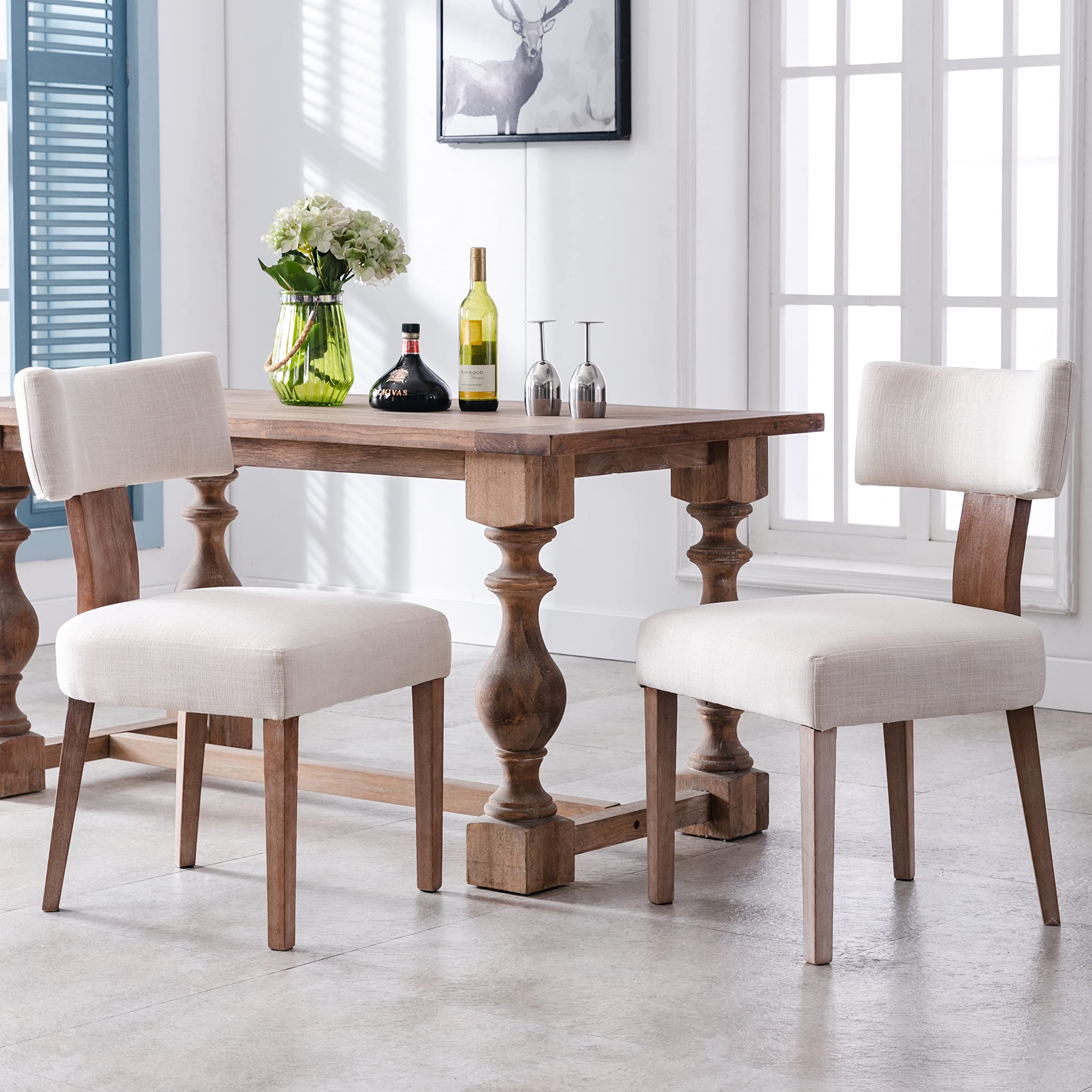 RIVOVA Mid Century Modern Dining Chairs Set of 2 Upholstered Linen Fabric Dining Chairs Curved Backrest Farmhouse Dining Room Ch