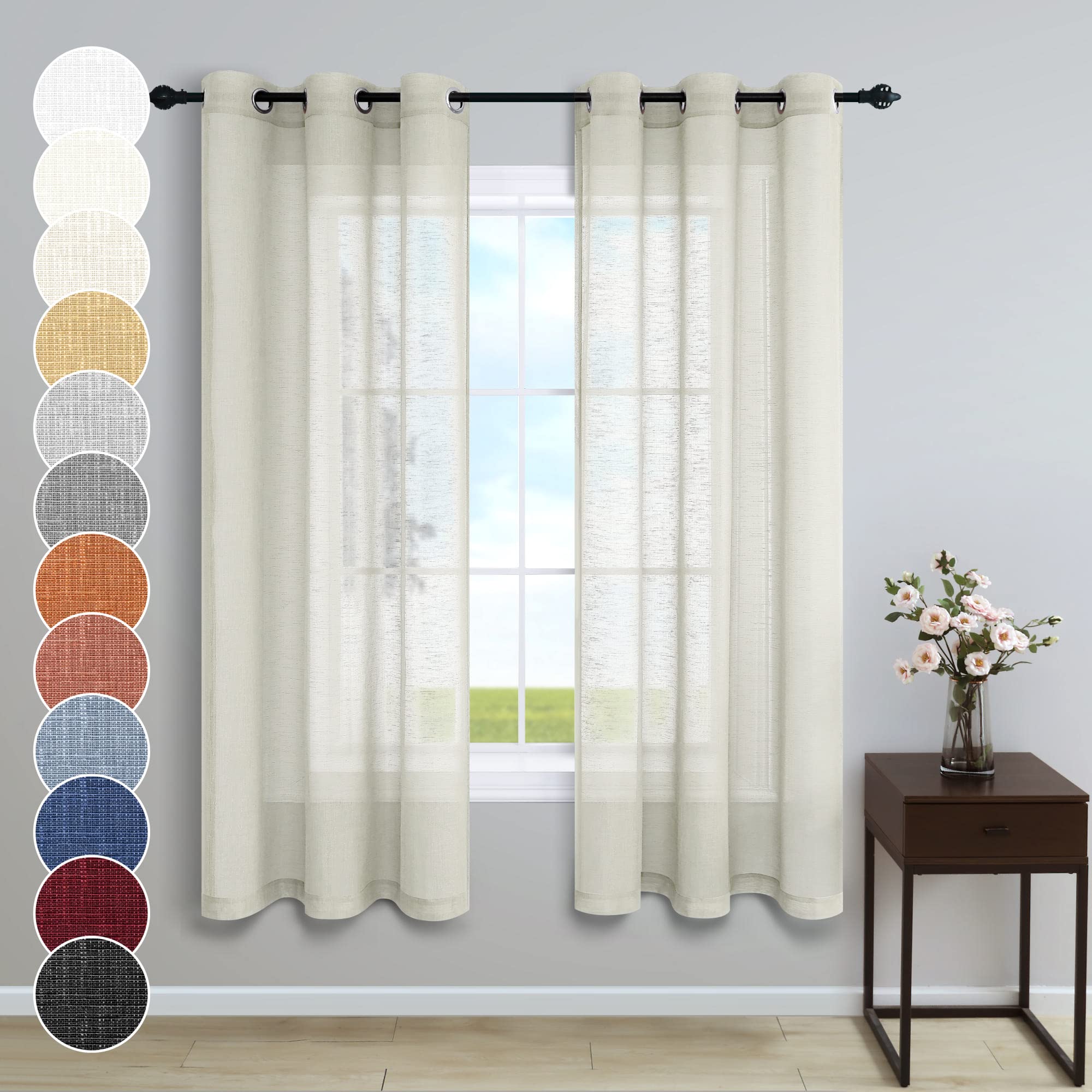 Cream Curtains 38 Inch Width for Kitchen Farmhouse 2 Panels Set Grommet Ring Top Natural Linen Textured Semi Sheer Beige Curtain